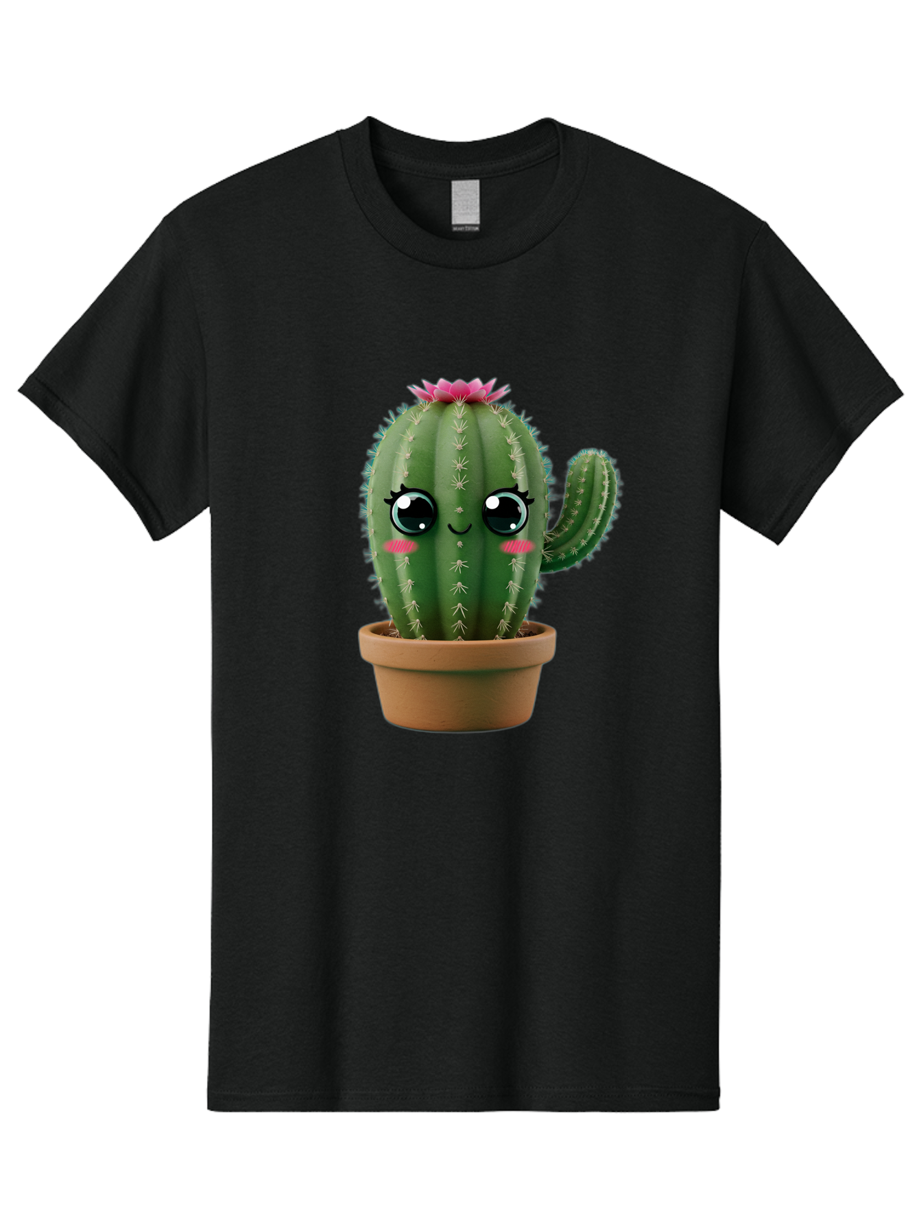 Cartoon-Cactus Men'S Graphic Tee, 100% Cotton, Comfortable Casual Summer Wear, Machine Washable, Cartoon Cactus, Potted Plant, Cute Desert Flora, Green Spiky Texture, Pink Flower, Smiling Face, Rosy Cheeks, Terracotta Pot, Kawaii Character, Bac789