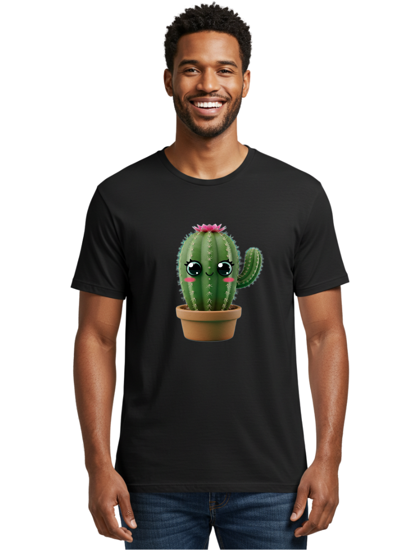Cartoon-Cactus Men'S Graphic Tee, 100% Cotton, Comfortable Casual Summer Wear, Machine Washable, Cartoon Cactus, Potted Plant, Cute Desert Flora, Green Spiky Texture, Pink Flower, Smiling Face, Rosy Cheeks, Terracotta Pot, Kawaii Character, Bac789