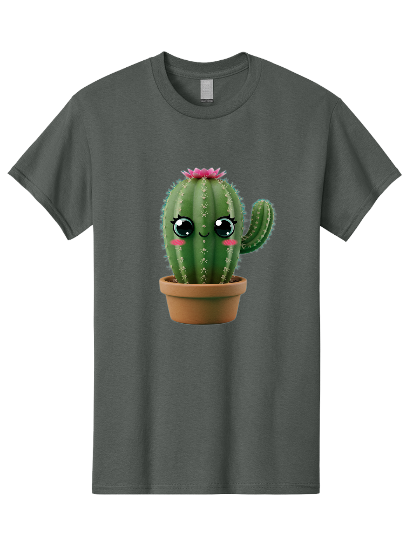 Cartoon-Cactus Men'S Graphic Tee, 100% Cotton, Comfortable Casual Summer Wear, Machine Washable, Cartoon Cactus, Potted Plant, Cute Desert Flora, Green Spiky Texture, Pink Flower, Smiling Face, Rosy Cheeks, Terracotta Pot, Kawaii Character, Bac789