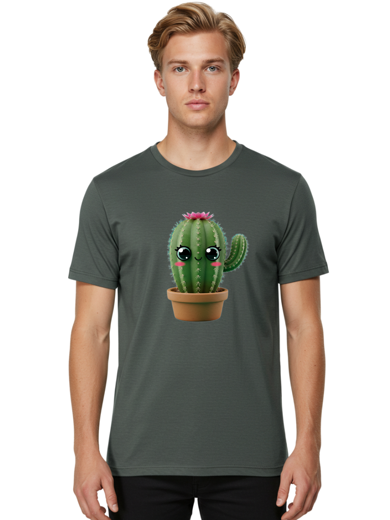 Cartoon-Cactus Men'S Graphic Tee, 100% Cotton, Comfortable Casual Summer Wear, Machine Washable, Cartoon Cactus, Potted Plant, Cute Desert Flora, Green Spiky Texture, Pink Flower, Smiling Face, Rosy Cheeks, Terracotta Pot, Kawaii Character, Bac789