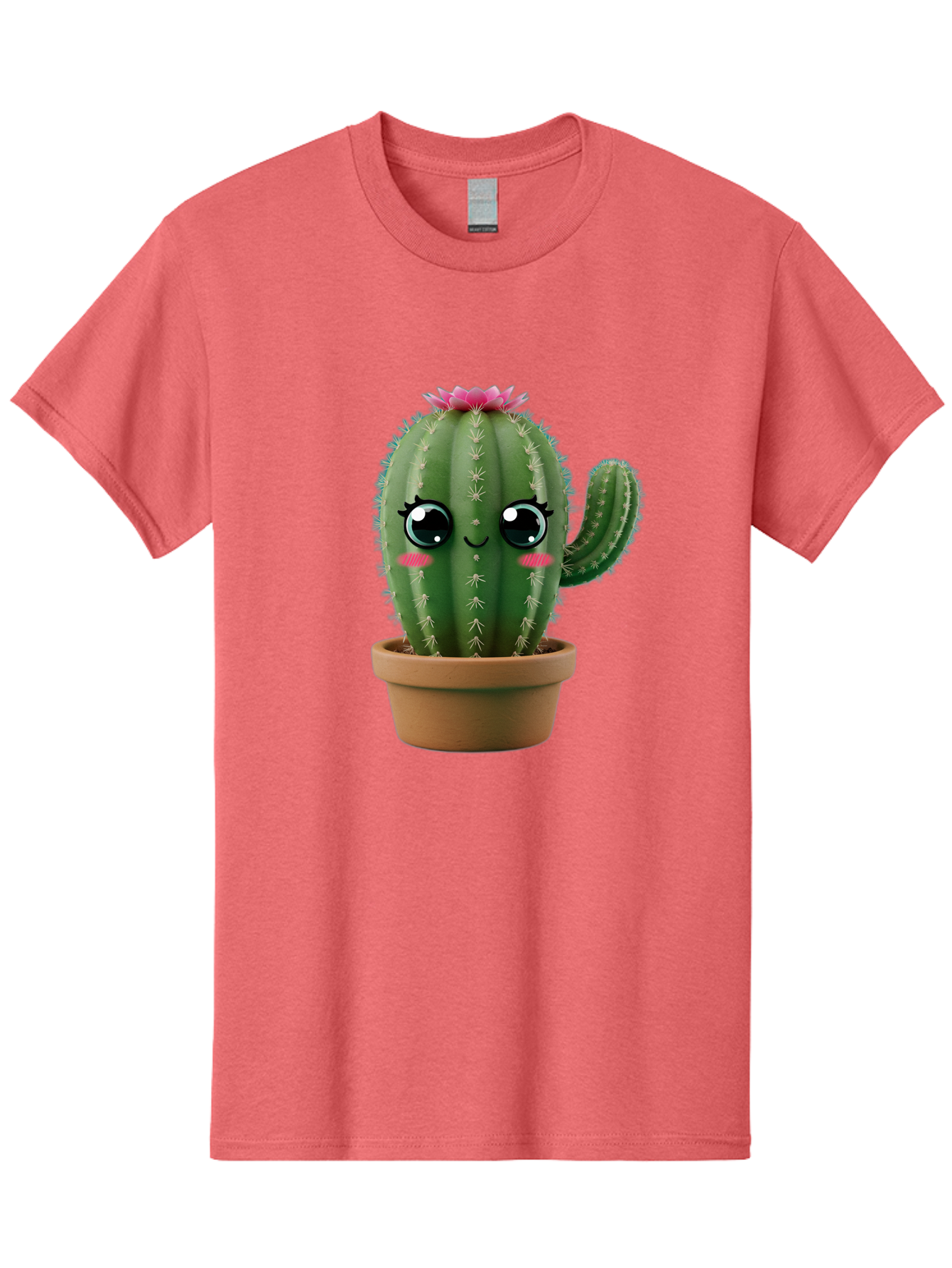 Cartoon-Cactus Men'S Graphic Tee, 100% Cotton, Comfortable Casual Summer Wear, Machine Washable, Cartoon Cactus, Potted Plant, Cute Desert Flora, Green Spiky Texture, Pink Flower, Smiling Face, Rosy Cheeks, Terracotta Pot, Kawaii Character, Bac789