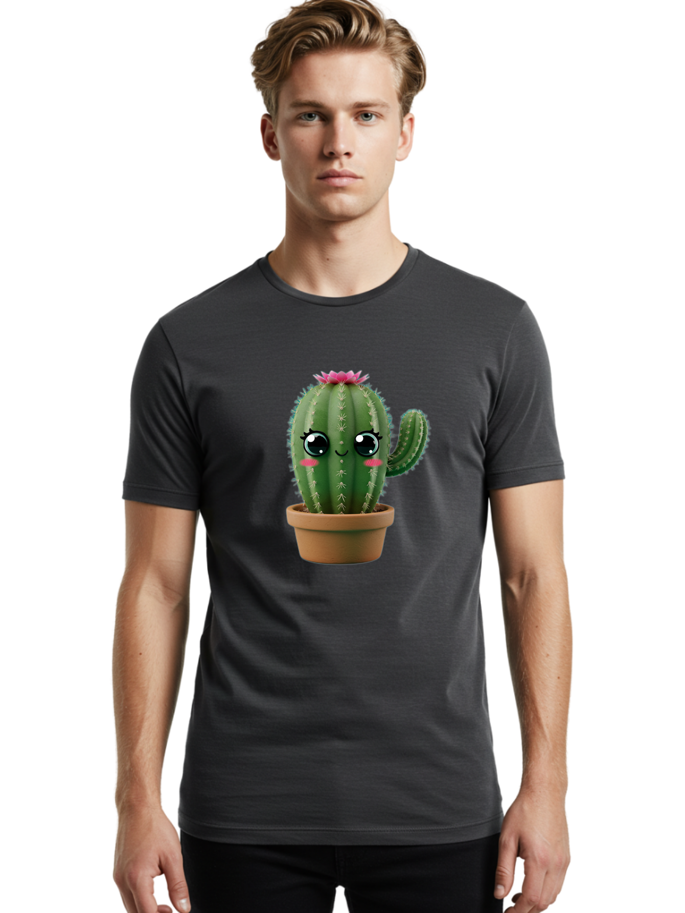 Cartoon-Cactus Men'S Graphic Tee, 100% Cotton, Comfortable Casual Summer Wear, Machine Washable, Cartoon Cactus, Potted Plant, Cute Desert Flora, Green Spiky Texture, Pink Flower, Smiling Face, Rosy Cheeks, Terracotta Pot, Kawaii Character, Bac789