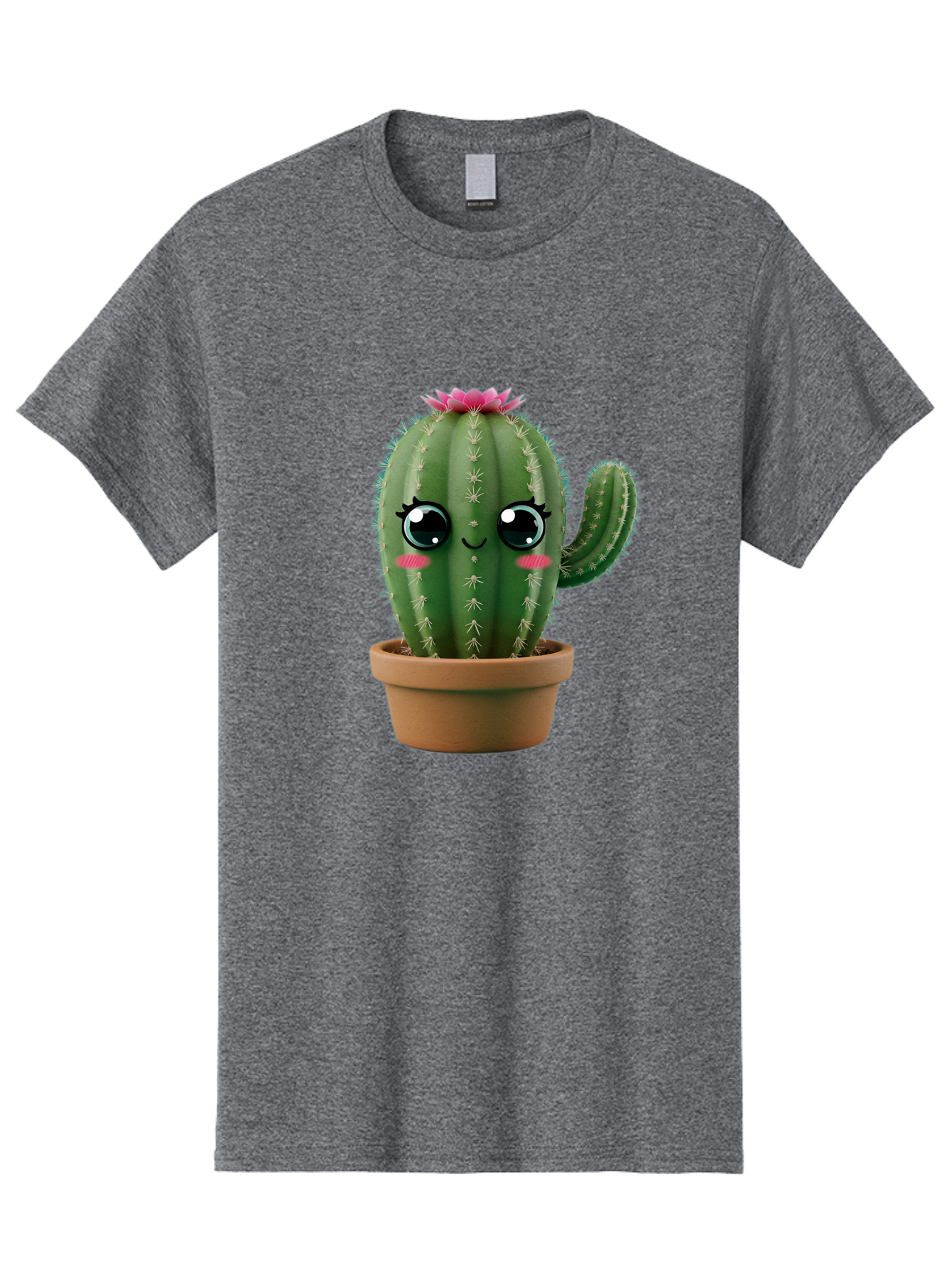 Cartoon-Cactus Men'S Graphic Tee, 100% Cotton, Comfortable Casual Summer Wear, Machine Washable, Cartoon Cactus, Potted Plant, Cute Desert Flora, Green Spiky Texture, Pink Flower, Smiling Face, Rosy Cheeks, Terracotta Pot, Kawaii Character, Bac789