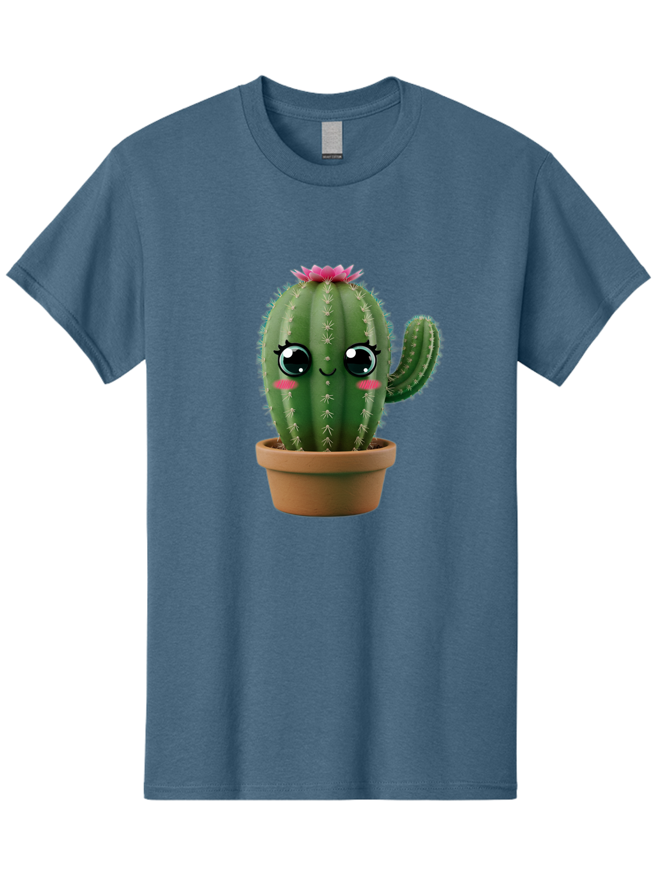 Cartoon-Cactus Men'S Graphic Tee, 100% Cotton, Comfortable Casual Summer Wear, Machine Washable, Cartoon Cactus, Potted Plant, Cute Desert Flora, Green Spiky Texture, Pink Flower, Smiling Face, Rosy Cheeks, Terracotta Pot, Kawaii Character, Bac789