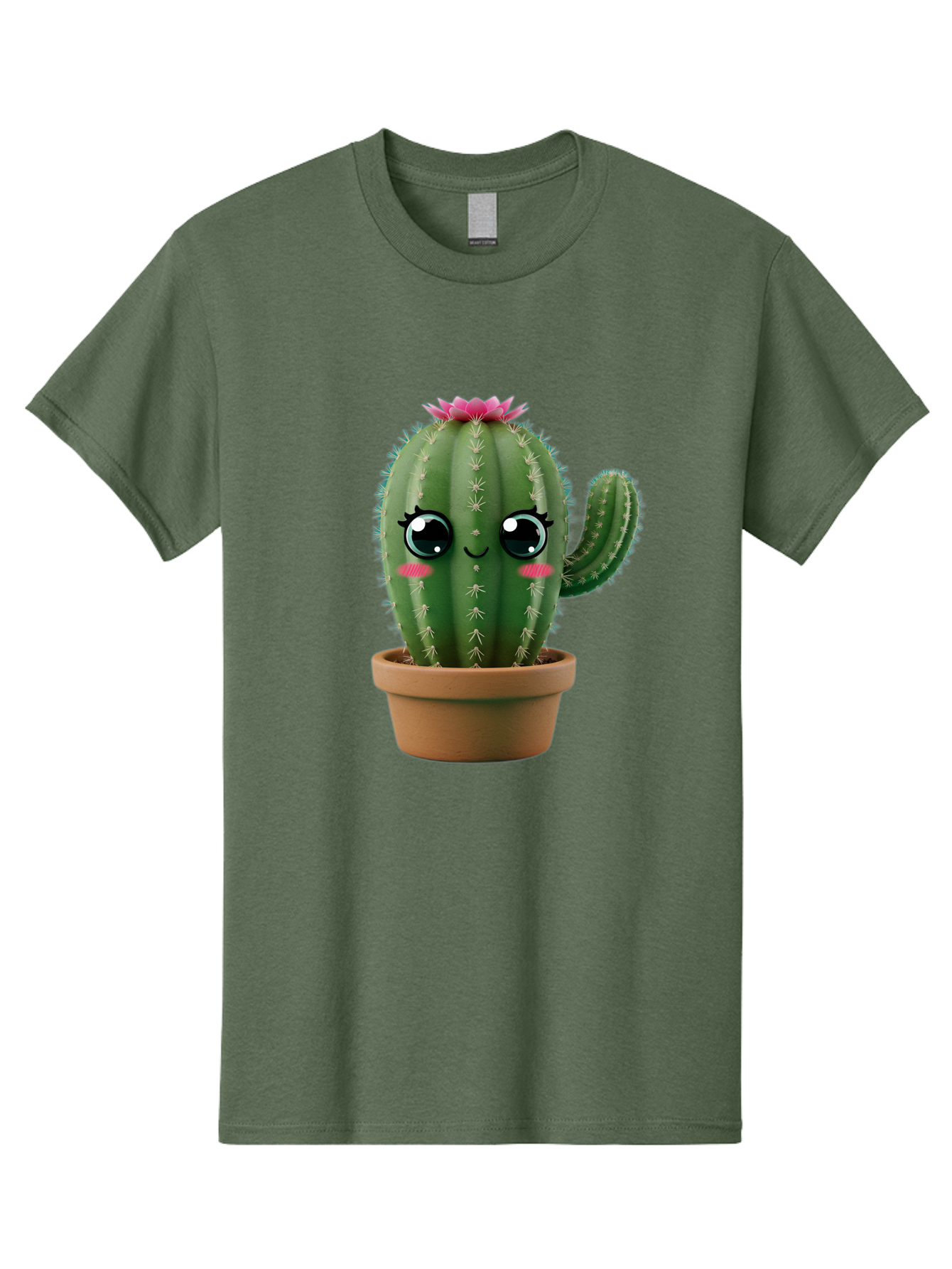 Cartoon-Cactus Men'S Graphic Tee, 100% Cotton, Comfortable Casual Summer Wear, Machine Washable, Cartoon Cactus, Potted Plant, Cute Desert Flora, Green Spiky Texture, Pink Flower, Smiling Face, Rosy Cheeks, Terracotta Pot, Kawaii Character, Bac789