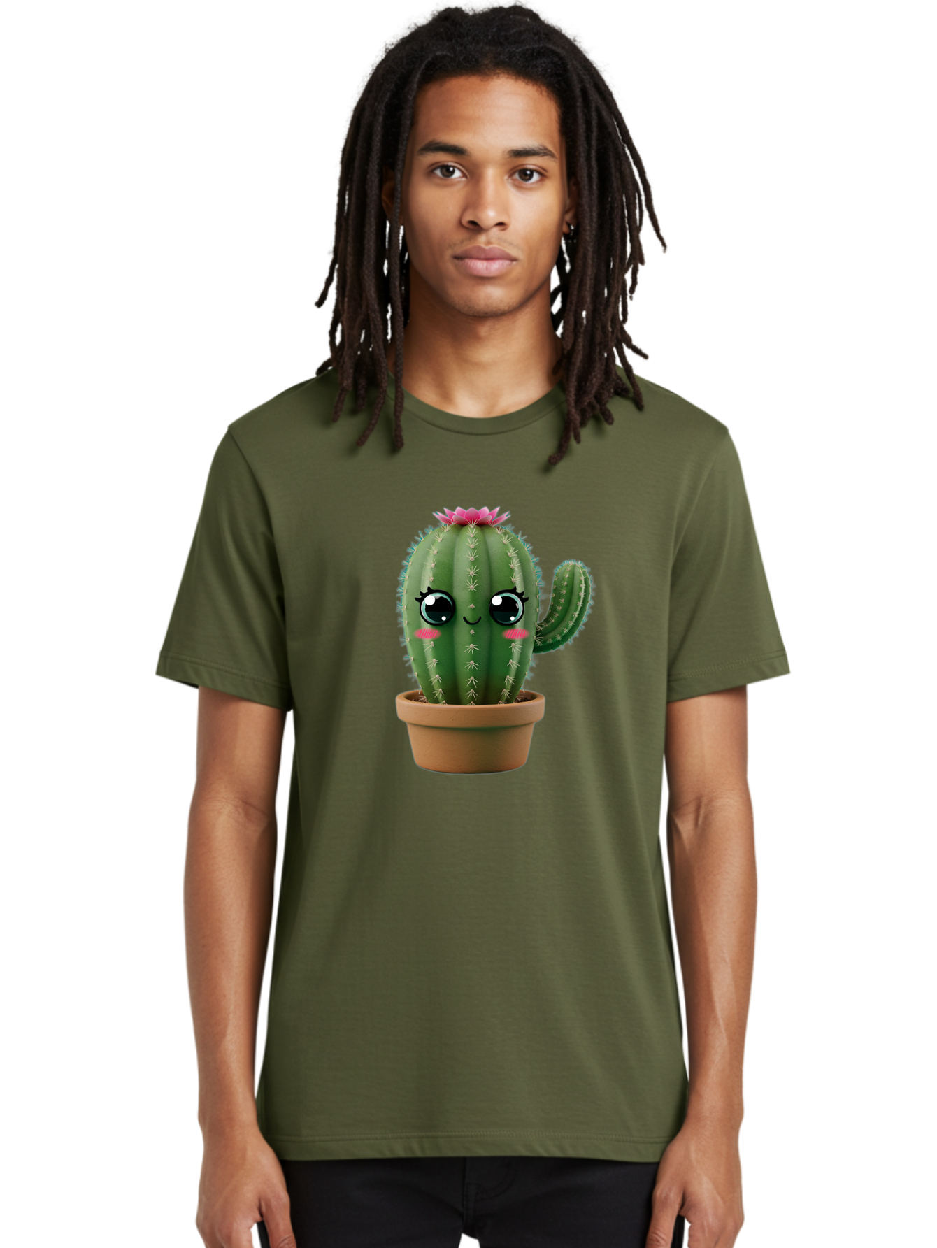 Cartoon-Cactus Men'S Graphic Tee, 100% Cotton, Comfortable Casual Summer Wear, Machine Washable, Cartoon Cactus, Potted Plant, Cute Desert Flora, Green Spiky Texture, Pink Flower, Smiling Face, Rosy Cheeks, Terracotta Pot, Kawaii Character, Bac789