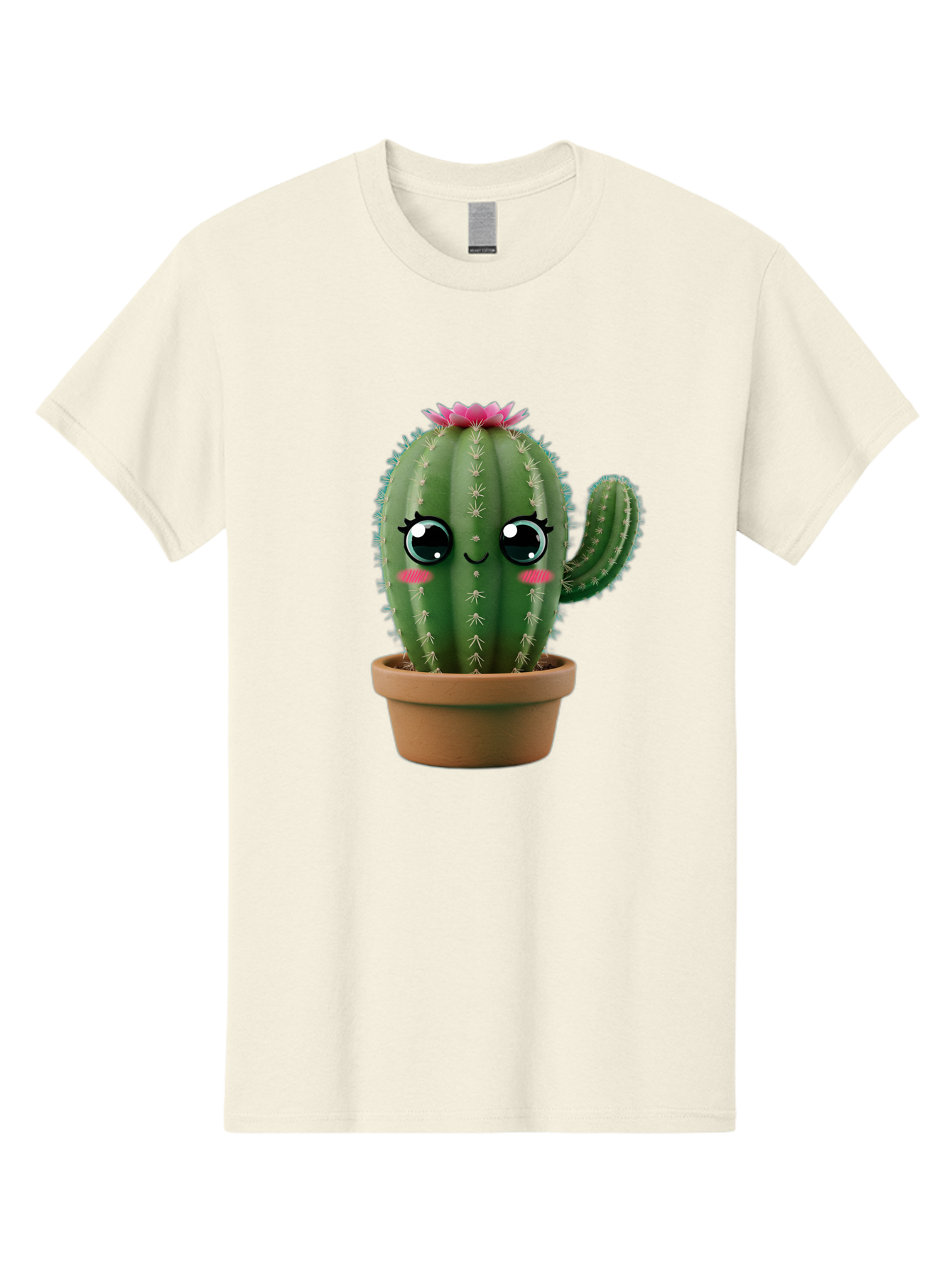 Cartoon-Cactus Men'S Graphic Tee, 100% Cotton, Comfortable Casual Summer Wear, Machine Washable, Cartoon Cactus, Potted Plant, Cute Desert Flora, Green Spiky Texture, Pink Flower, Smiling Face, Rosy Cheeks, Terracotta Pot, Kawaii Character, Bac789