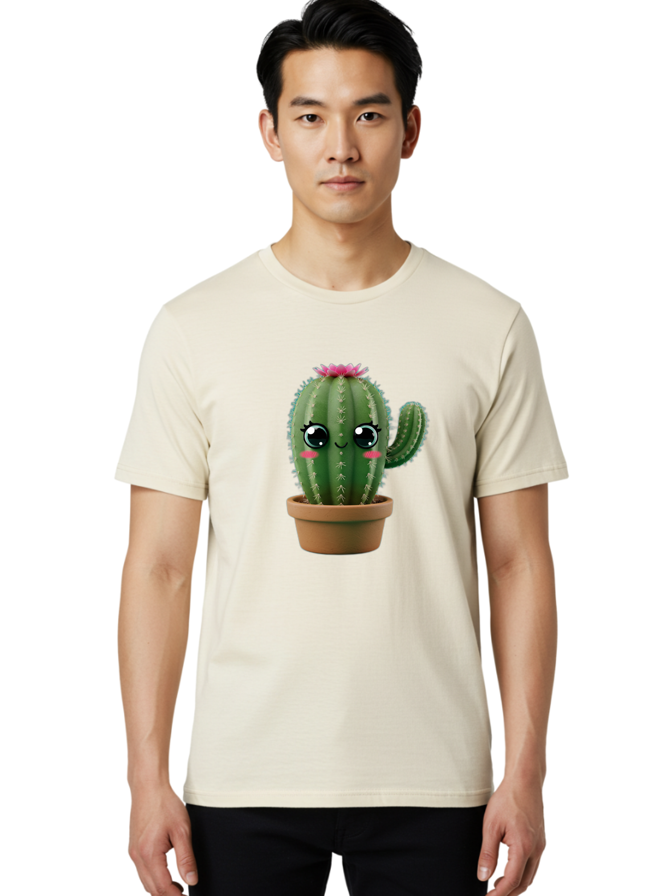 Cartoon-Cactus Men'S Graphic Tee, 100% Cotton, Comfortable Casual Summer Wear, Machine Washable, Cartoon Cactus, Potted Plant, Cute Desert Flora, Green Spiky Texture, Pink Flower, Smiling Face, Rosy Cheeks, Terracotta Pot, Kawaii Character, Bac789