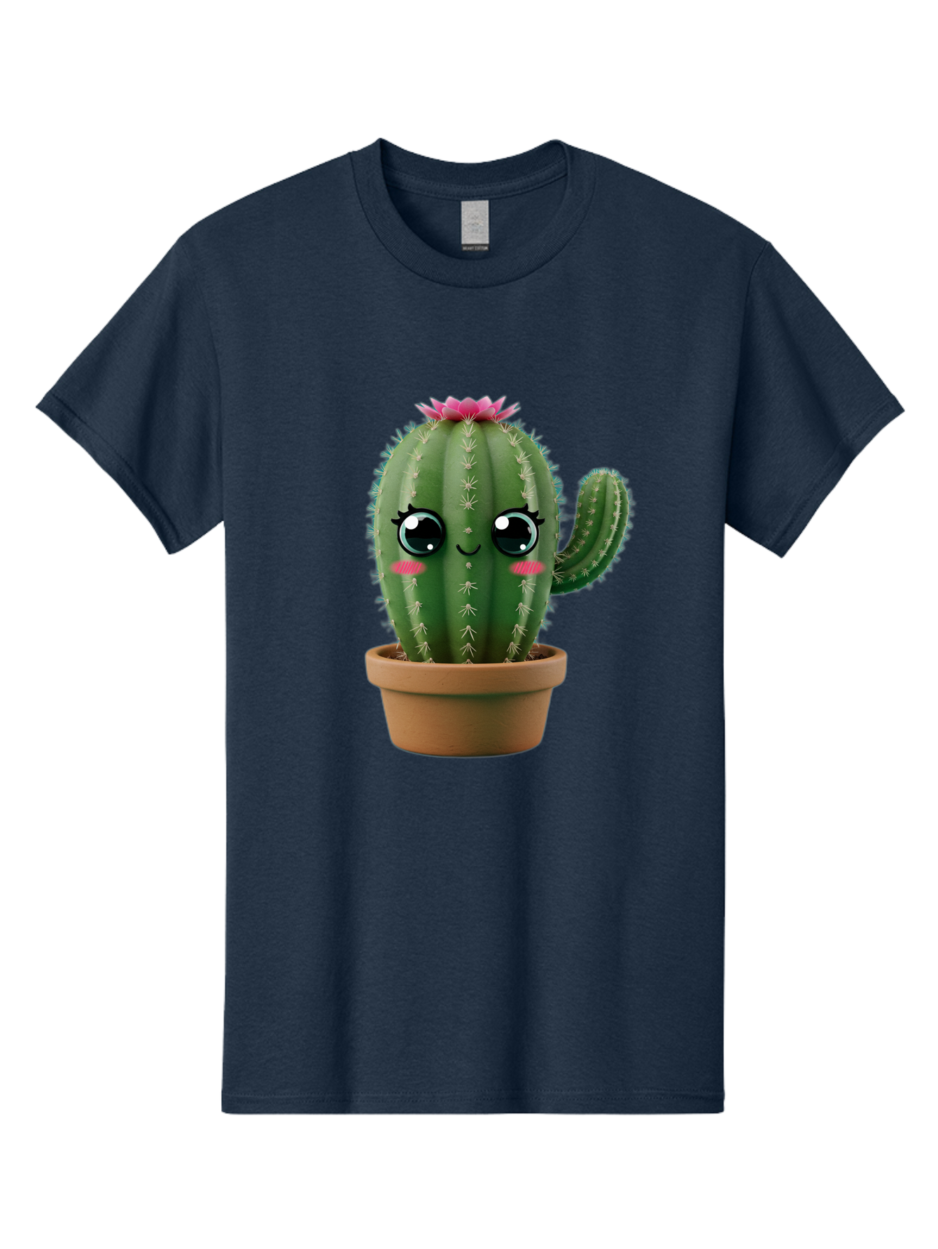 Cartoon-Cactus Men'S Graphic Tee, 100% Cotton, Comfortable Casual Summer Wear, Machine Washable, Cartoon Cactus, Potted Plant, Cute Desert Flora, Green Spiky Texture, Pink Flower, Smiling Face, Rosy Cheeks, Terracotta Pot, Kawaii Character, Bac789