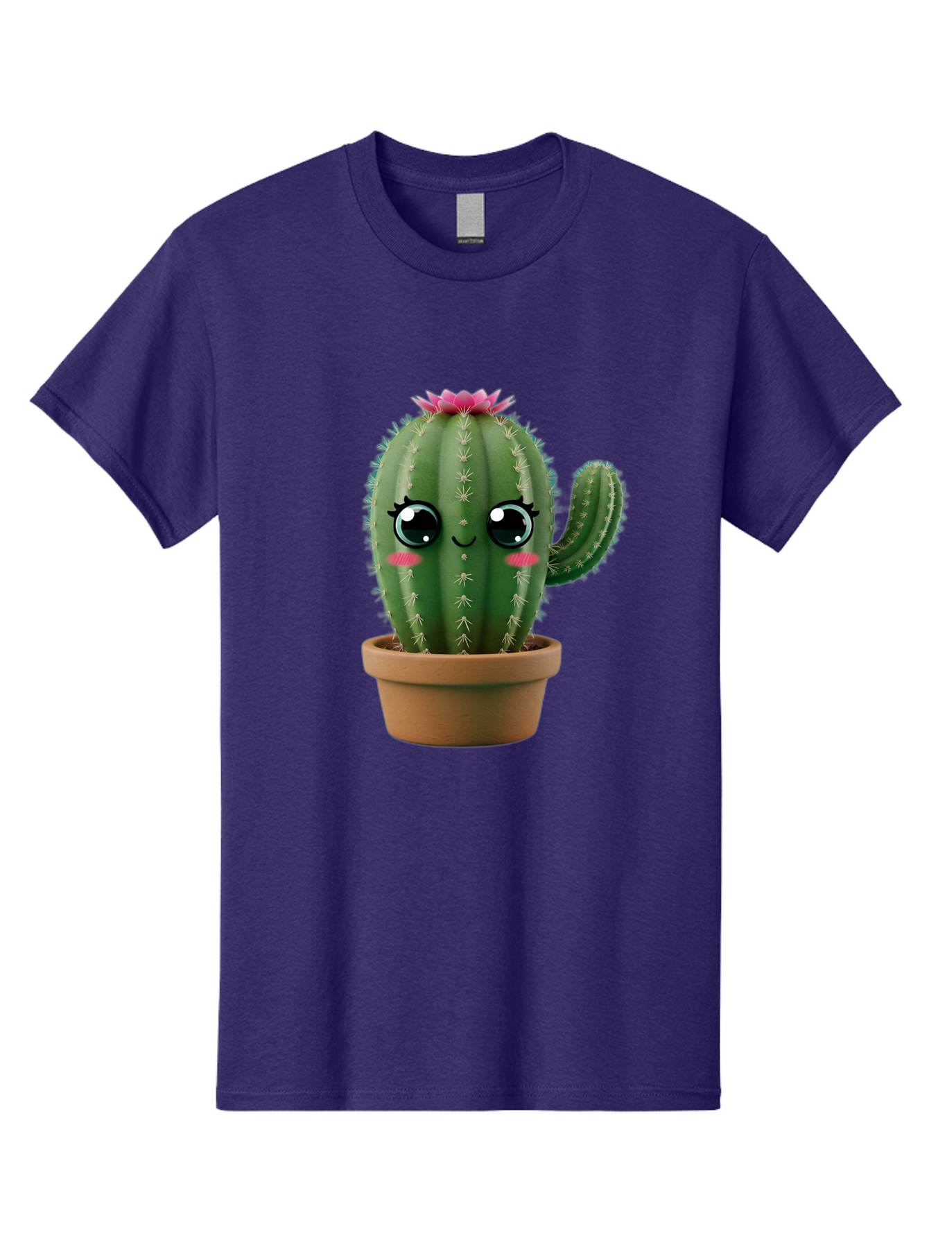 Cartoon-Cactus Men'S Graphic Tee, 100% Cotton, Comfortable Casual Summer Wear, Machine Washable, Cartoon Cactus, Potted Plant, Cute Desert Flora, Green Spiky Texture, Pink Flower, Smiling Face, Rosy Cheeks, Terracotta Pot, Kawaii Character, Bac789