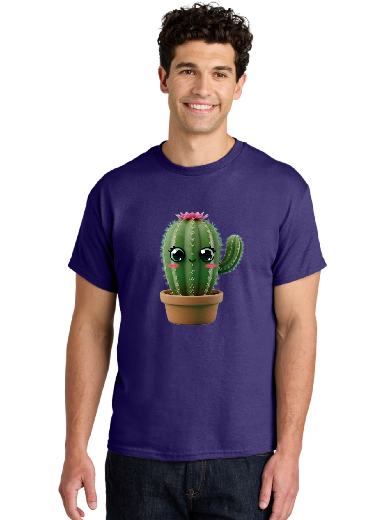 Cartoon-Cactus Men'S Graphic Tee, 100% Cotton, Comfortable Casual Summer Wear, Machine Washable, Cartoon Cactus, Potted Plant, Cute Desert Flora, Green Spiky Texture, Pink Flower, Smiling Face, Rosy Cheeks, Terracotta Pot, Kawaii Character, Bac789