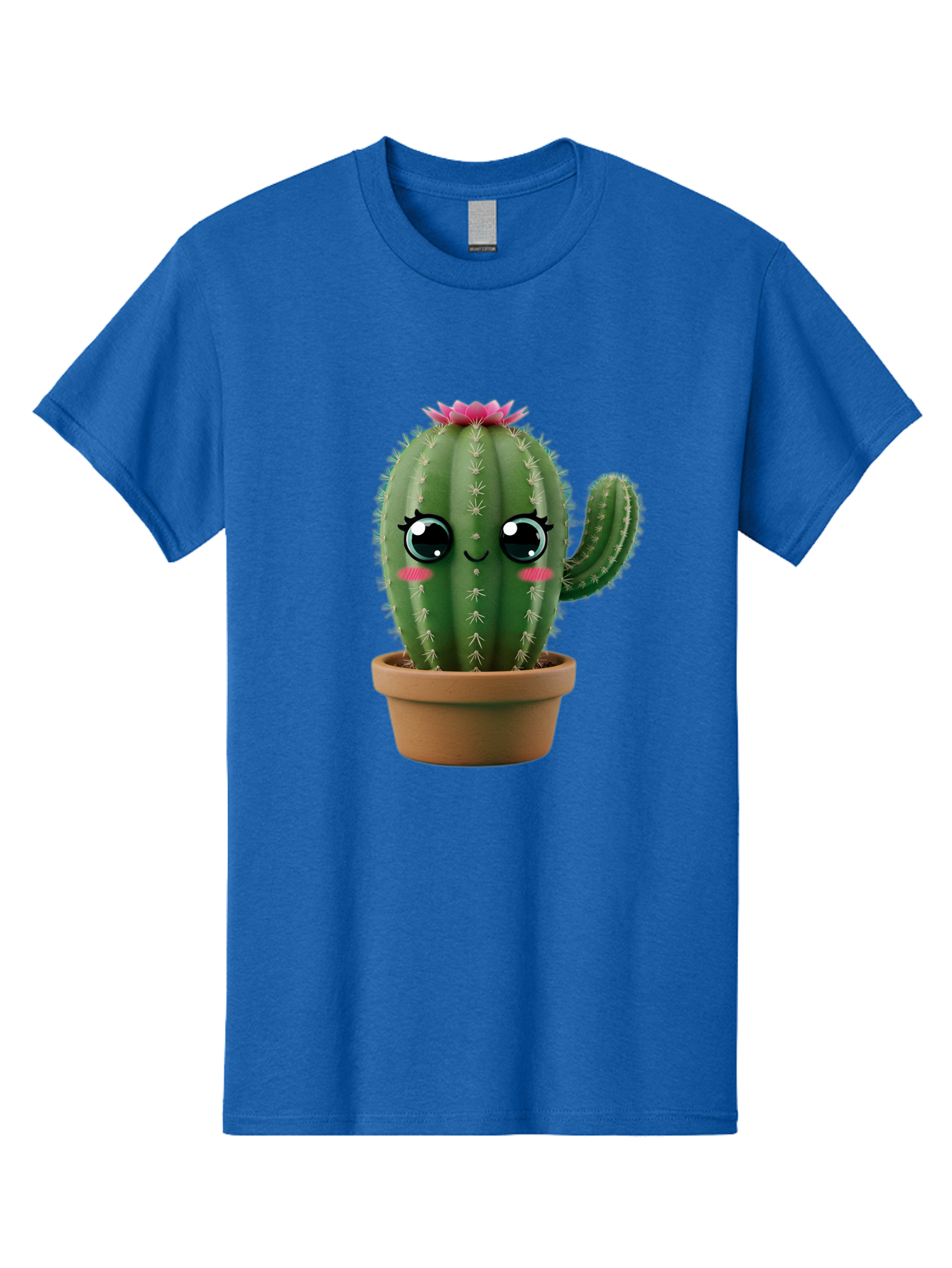 Cartoon-Cactus Men'S Graphic Tee, 100% Cotton, Comfortable Casual Summer Wear, Machine Washable, Cartoon Cactus, Potted Plant, Cute Desert Flora, Green Spiky Texture, Pink Flower, Smiling Face, Rosy Cheeks, Terracotta Pot, Kawaii Character, Bac789