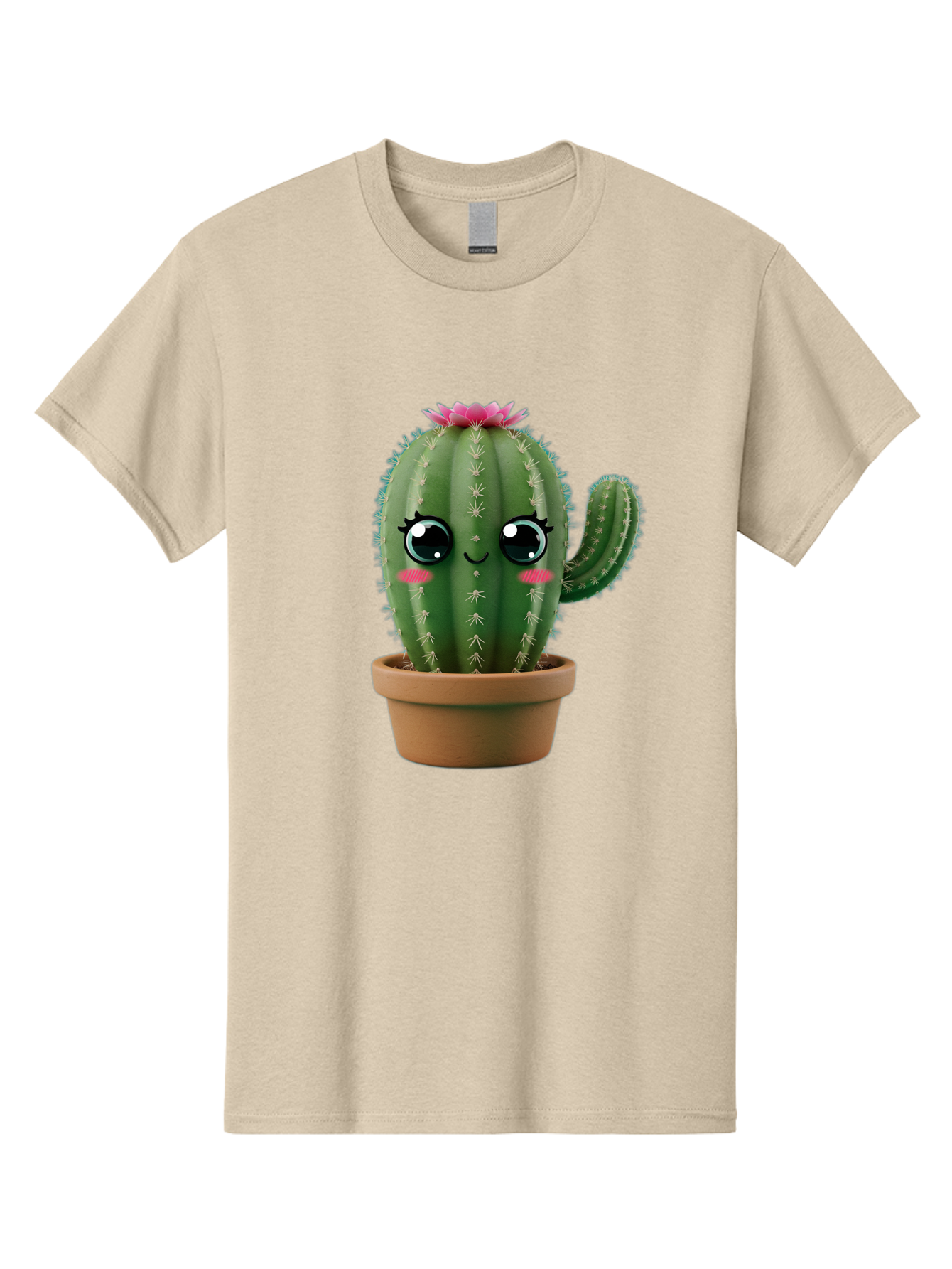 Cartoon-Cactus Men'S Graphic Tee, 100% Cotton, Comfortable Casual Summer Wear, Machine Washable, Cartoon Cactus, Potted Plant, Cute Desert Flora, Green Spiky Texture, Pink Flower, Smiling Face, Rosy Cheeks, Terracotta Pot, Kawaii Character, Bac789