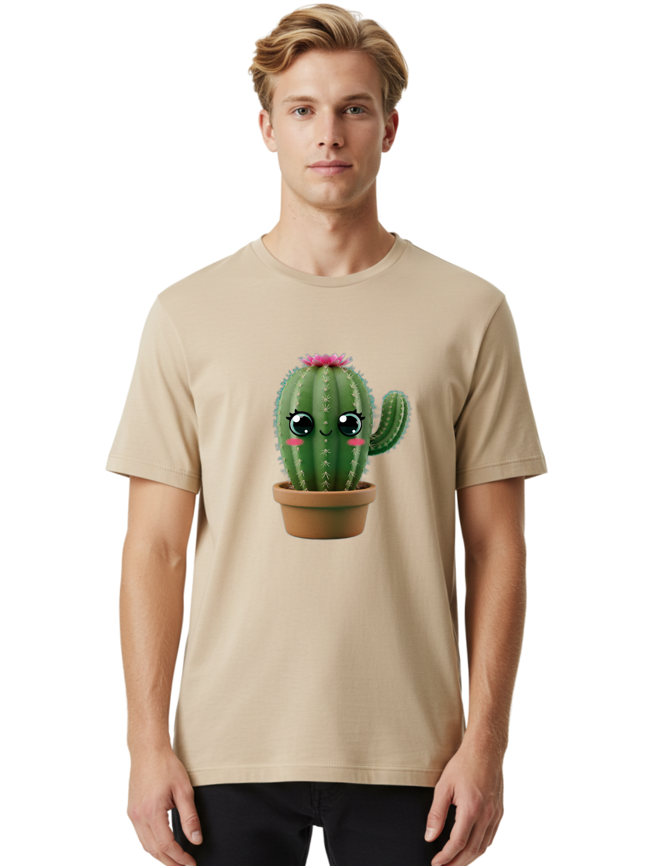 Cartoon-Cactus Men'S Graphic Tee, 100% Cotton, Comfortable Casual Summer Wear, Machine Washable, Cartoon Cactus, Potted Plant, Cute Desert Flora, Green Spiky Texture, Pink Flower, Smiling Face, Rosy Cheeks, Terracotta Pot, Kawaii Character, Bac789
