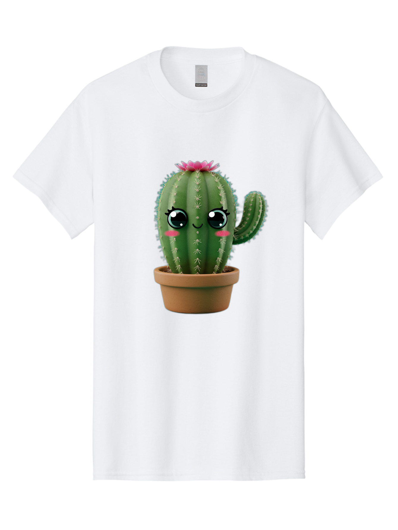 Cartoon-Cactus Men'S Graphic Tee, 100% Cotton, Comfortable Casual Summer Wear, Machine Washable, Cartoon Cactus, Potted Plant, Cute Desert Flora, Green Spiky Texture, Pink Flower, Smiling Face, Rosy Cheeks, Terracotta Pot, Kawaii Character, Bac789