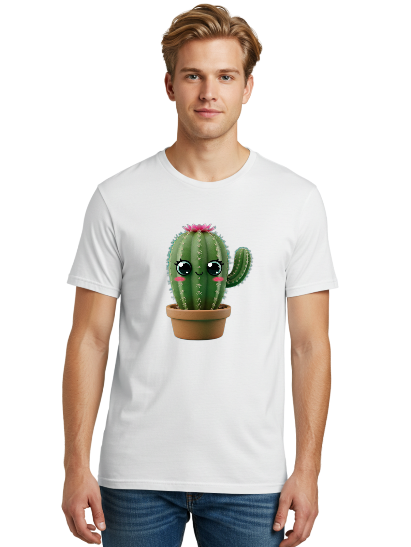 Cartoon-Cactus Men'S Graphic Tee, 100% Cotton, Comfortable Casual Summer Wear, Machine Washable, Cartoon Cactus, Potted Plant, Cute Desert Flora, Green Spiky Texture, Pink Flower, Smiling Face, Rosy Cheeks, Terracotta Pot, Kawaii Character, Bac789