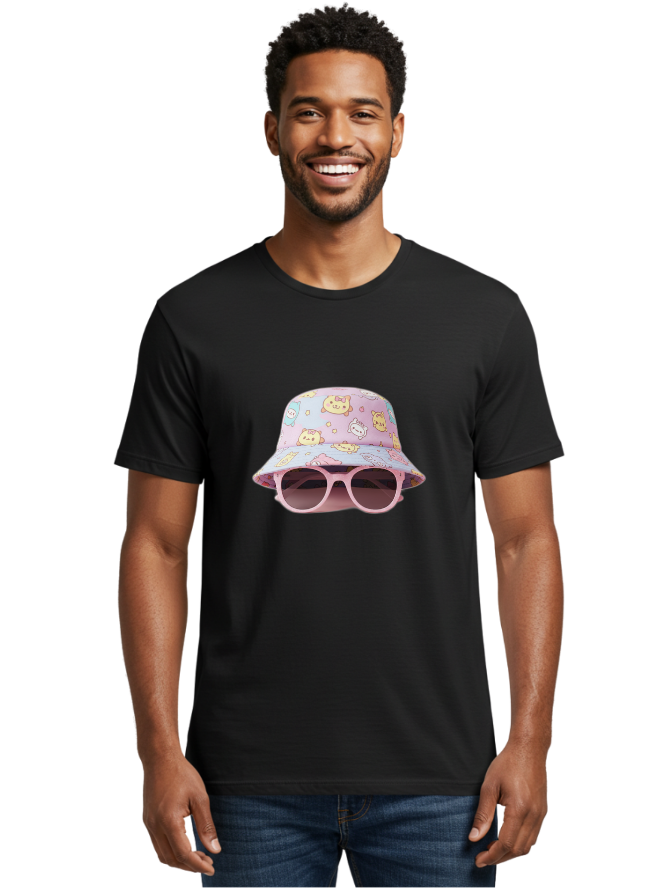 Cartoon-Character-Bucket-Hat Men'S Graphic Tee, 100% Cotton, Comfortable Casual Summer Wear, Machine Washable, Pastel-Colored Hat, Cartoon Characters, Kawaii Fashion, Pink Sunglasses, Trendy Accessories, Cute Design, Fashion Statement, Bac790