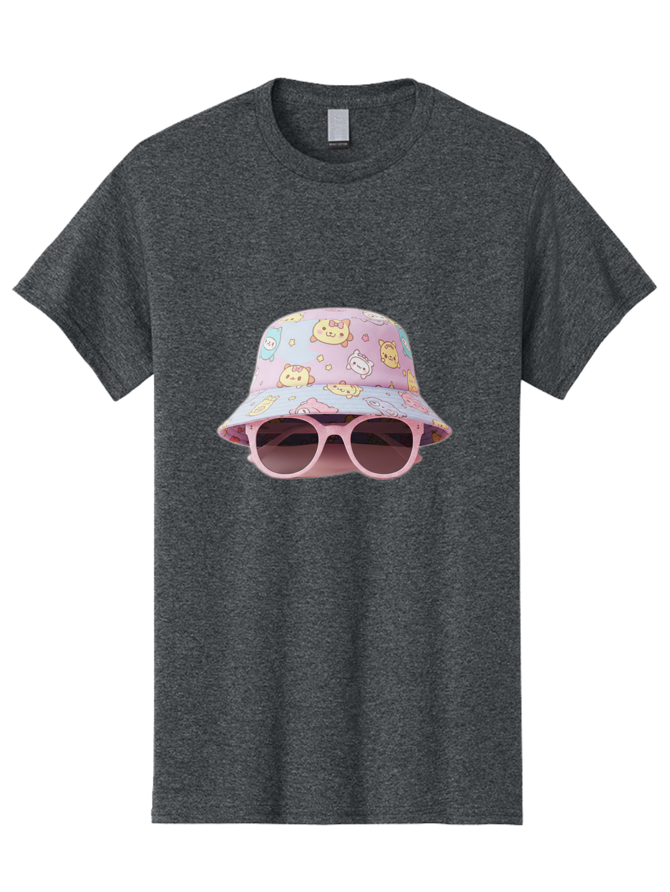 Cartoon-Character-Bucket-Hat Men'S Graphic Tee, 100% Cotton, Comfortable Casual Summer Wear, Machine Washable, Pastel-Colored Hat, Cartoon Characters, Kawaii Fashion, Pink Sunglasses, Trendy Accessories, Cute Design, Fashion Statement, Bac790