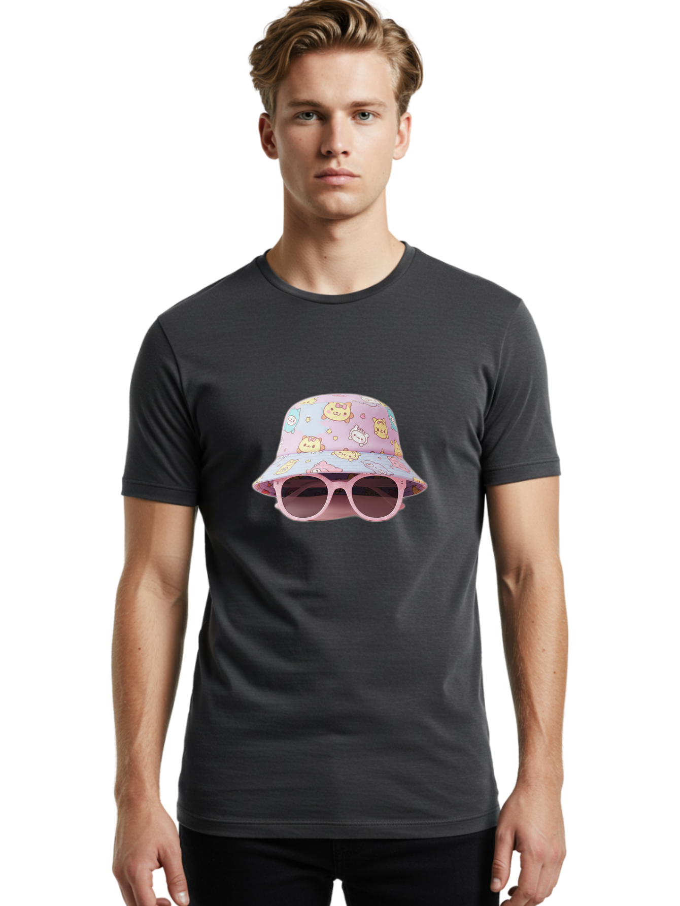 Cartoon-Character-Bucket-Hat Men'S Graphic Tee, 100% Cotton, Comfortable Casual Summer Wear, Machine Washable, Pastel-Colored Hat, Cartoon Characters, Kawaii Fashion, Pink Sunglasses, Trendy Accessories, Cute Design, Fashion Statement, Bac790