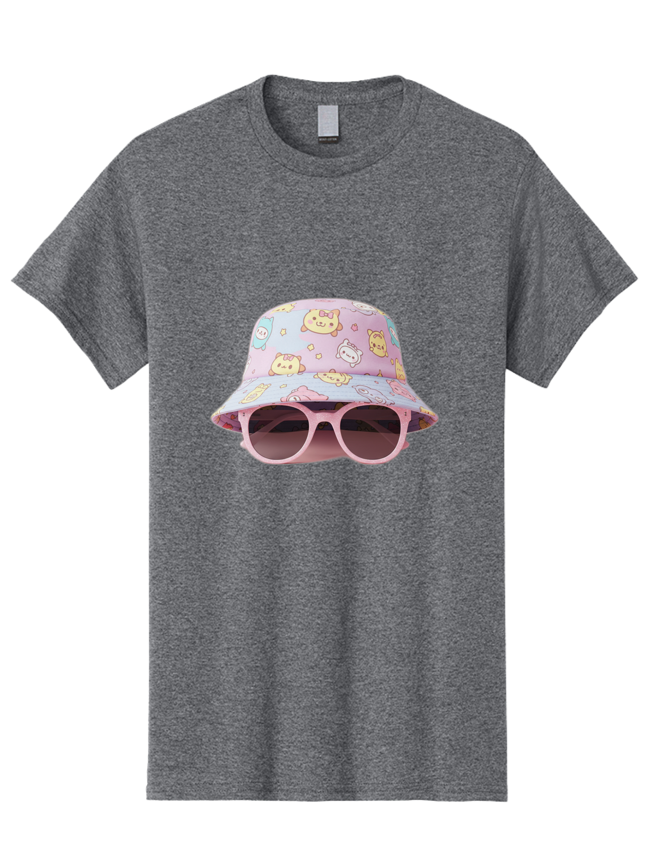 Cartoon-Character-Bucket-Hat Men'S Graphic Tee, 100% Cotton, Comfortable Casual Summer Wear, Machine Washable, Pastel-Colored Hat, Cartoon Characters, Kawaii Fashion, Pink Sunglasses, Trendy Accessories, Cute Design, Fashion Statement, Bac790