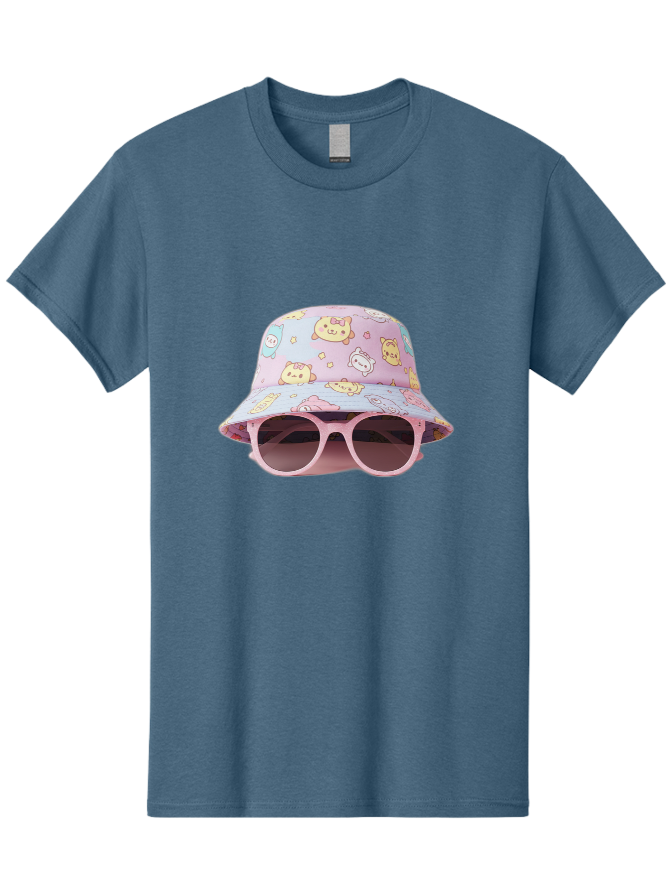 Cartoon-Character-Bucket-Hat Men'S Graphic Tee, 100% Cotton, Comfortable Casual Summer Wear, Machine Washable, Pastel-Colored Hat, Cartoon Characters, Kawaii Fashion, Pink Sunglasses, Trendy Accessories, Cute Design, Fashion Statement, Bac790