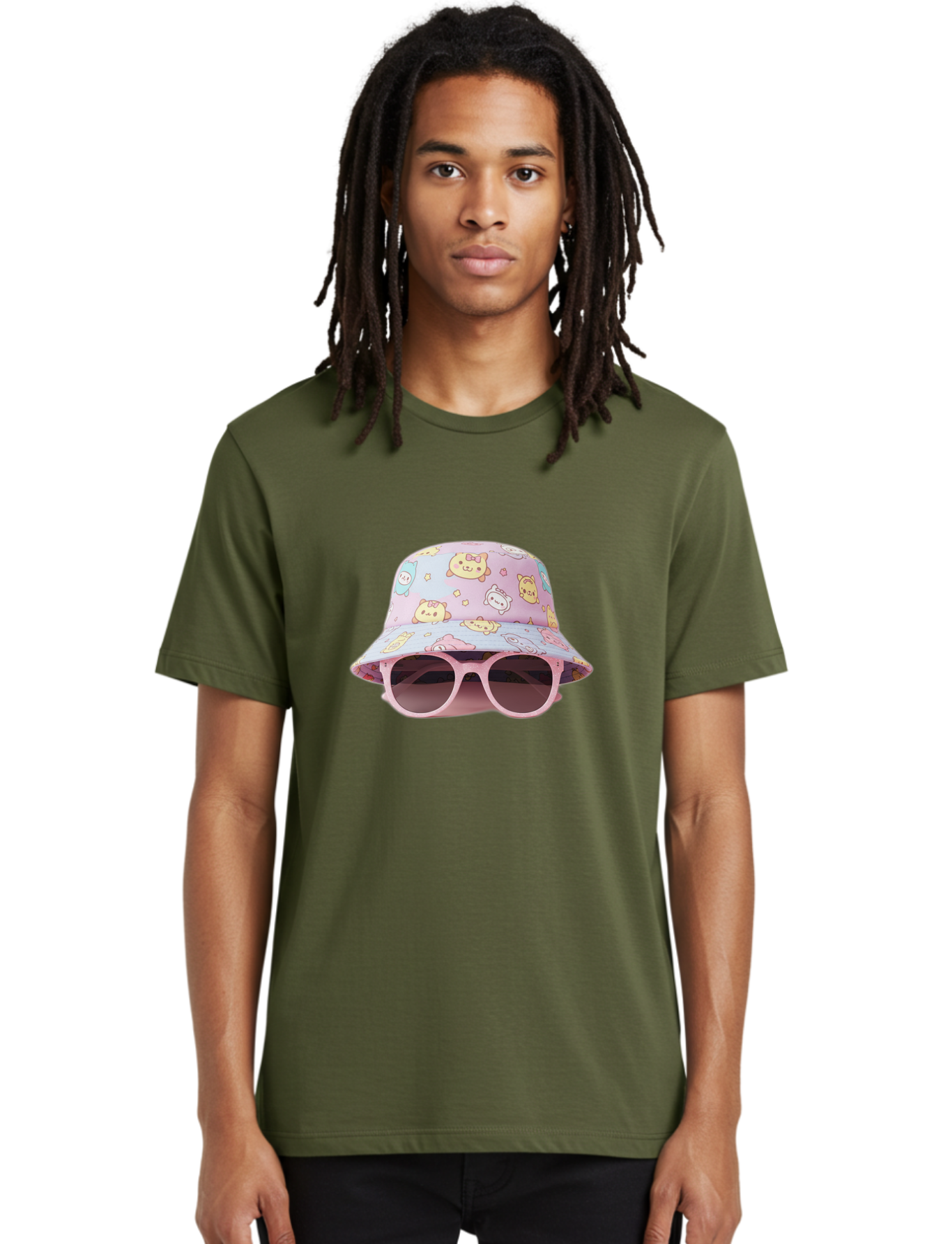 Cartoon-Character-Bucket-Hat Men'S Graphic Tee, 100% Cotton, Comfortable Casual Summer Wear, Machine Washable, Pastel-Colored Hat, Cartoon Characters, Kawaii Fashion, Pink Sunglasses, Trendy Accessories, Cute Design, Fashion Statement, Bac790