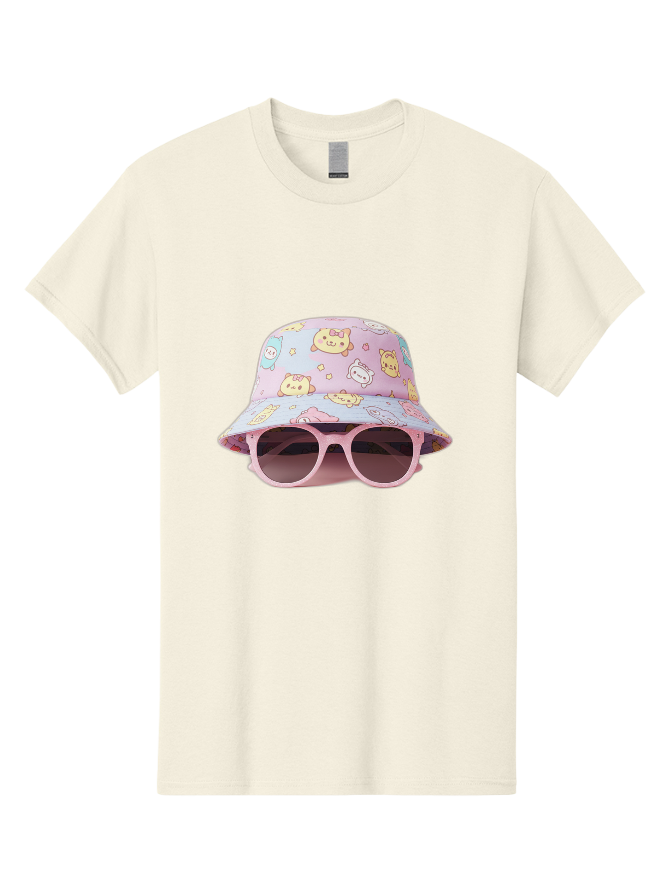 Cartoon-Character-Bucket-Hat Men'S Graphic Tee, 100% Cotton, Comfortable Casual Summer Wear, Machine Washable, Pastel-Colored Hat, Cartoon Characters, Kawaii Fashion, Pink Sunglasses, Trendy Accessories, Cute Design, Fashion Statement, Bac790