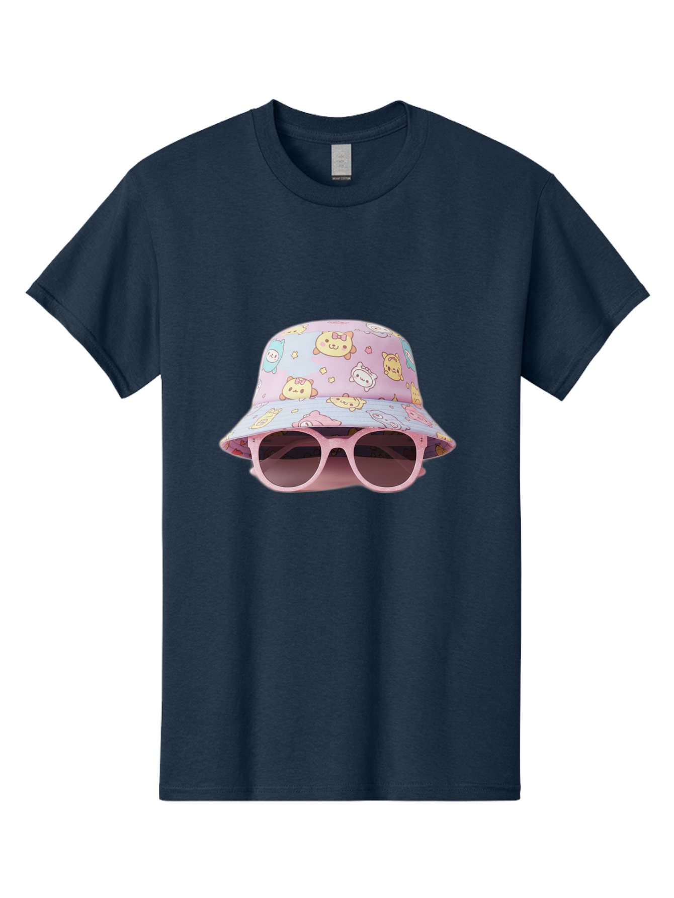 Cartoon-Character-Bucket-Hat Men'S Graphic Tee, 100% Cotton, Comfortable Casual Summer Wear, Machine Washable, Pastel-Colored Hat, Cartoon Characters, Kawaii Fashion, Pink Sunglasses, Trendy Accessories, Cute Design, Fashion Statement, Bac790