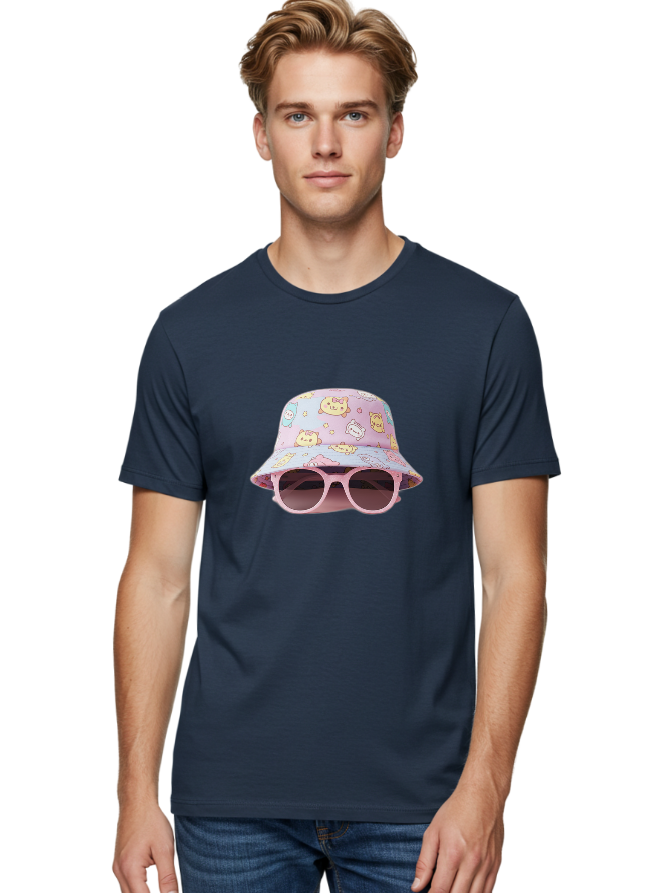 Cartoon-Character-Bucket-Hat Men'S Graphic Tee, 100% Cotton, Comfortable Casual Summer Wear, Machine Washable, Pastel-Colored Hat, Cartoon Characters, Kawaii Fashion, Pink Sunglasses, Trendy Accessories, Cute Design, Fashion Statement, Bac790