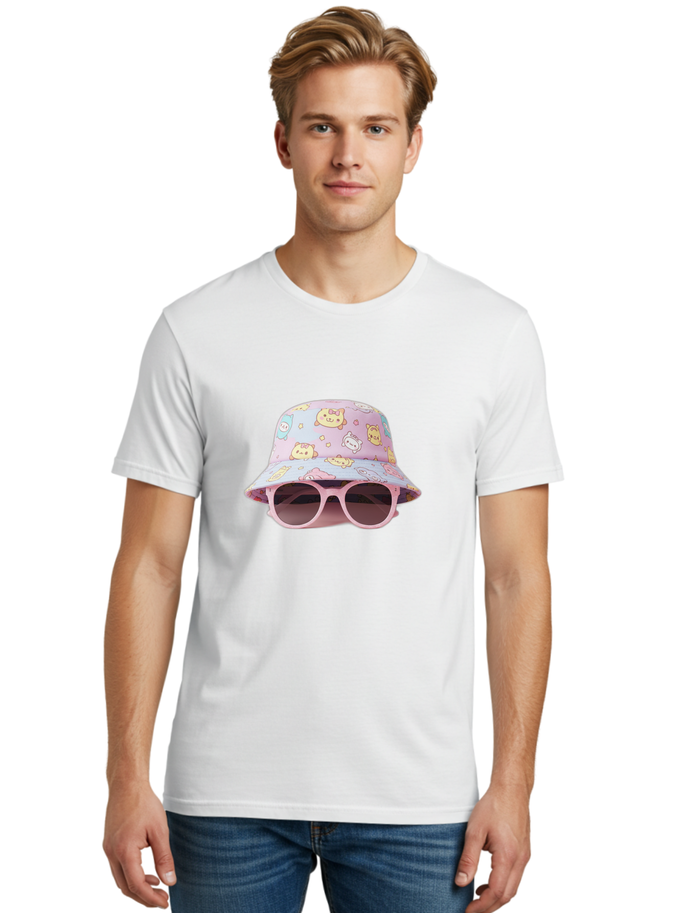 Cartoon-Character-Bucket-Hat Men'S Graphic Tee, 100% Cotton, Comfortable Casual Summer Wear, Machine Washable, Pastel-Colored Hat, Cartoon Characters, Kawaii Fashion, Pink Sunglasses, Trendy Accessories, Cute Design, Fashion Statement, Bac790
