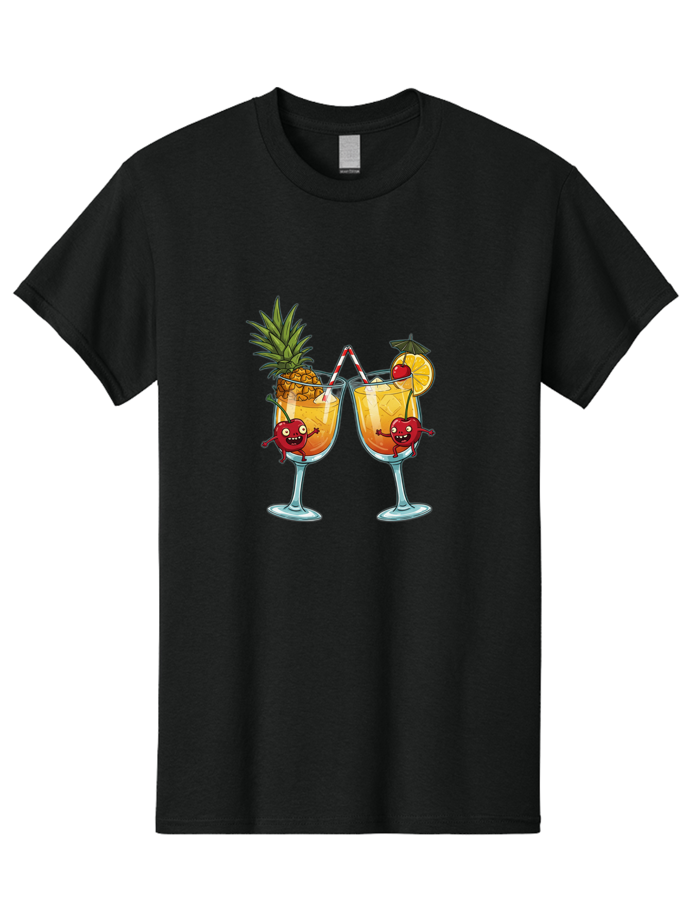 Cartoon-Cocktails Men'S Graphic Tee, 100% Cotton, Comfortable Casual Summer Wear, Machine Washable, Tropical Cocktails, Happy Red Hearts, Cartoon Characters, Pineapple And Orange Garnishes, Striped Straw, Refreshing Drinks, Summertime Vibes, Bac791