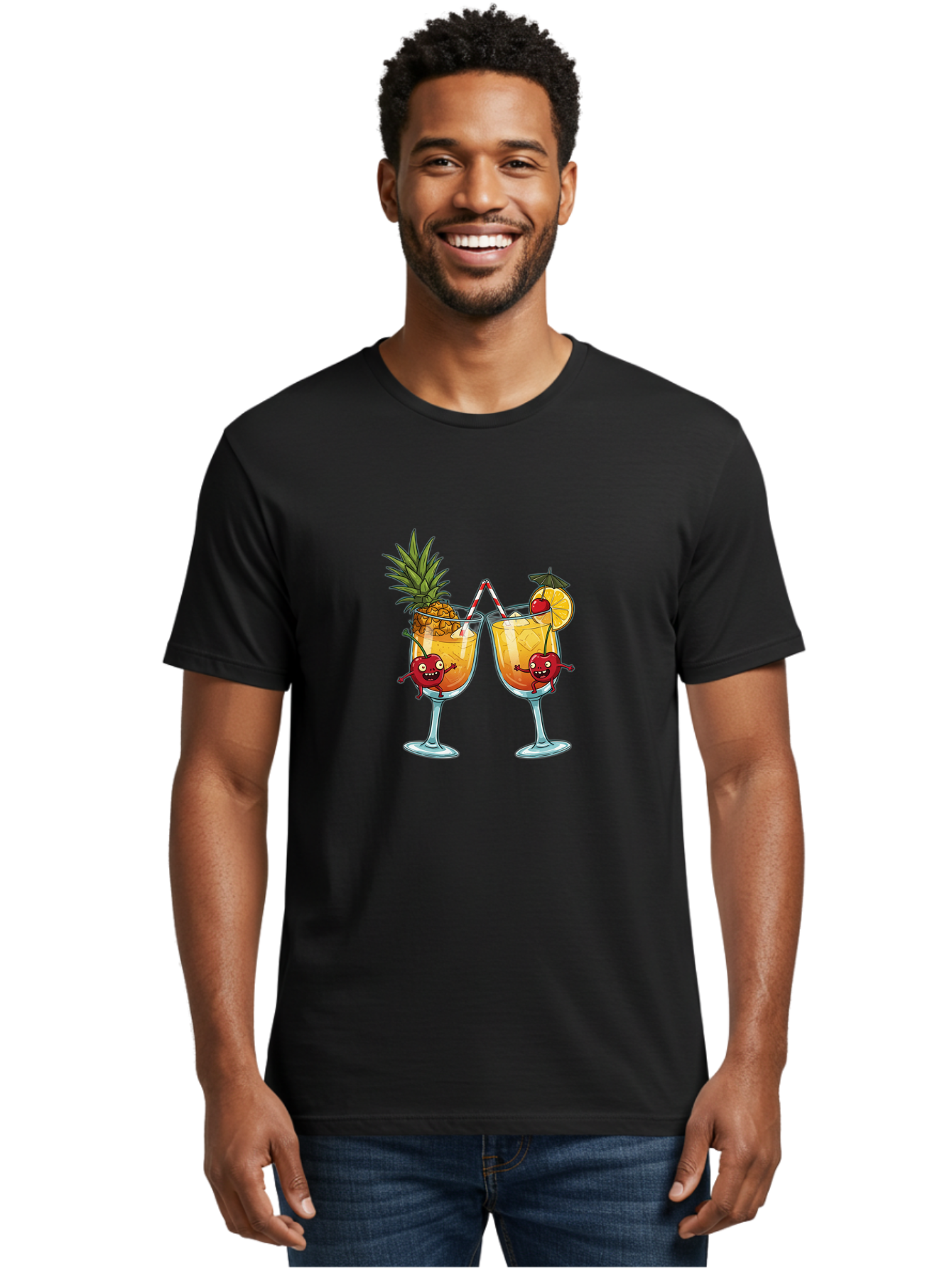 Cartoon-Cocktails Men'S Graphic Tee, 100% Cotton, Comfortable Casual Summer Wear, Machine Washable, Tropical Cocktails, Happy Red Hearts, Cartoon Characters, Pineapple And Orange Garnishes, Striped Straw, Refreshing Drinks, Summertime Vibes, Bac791