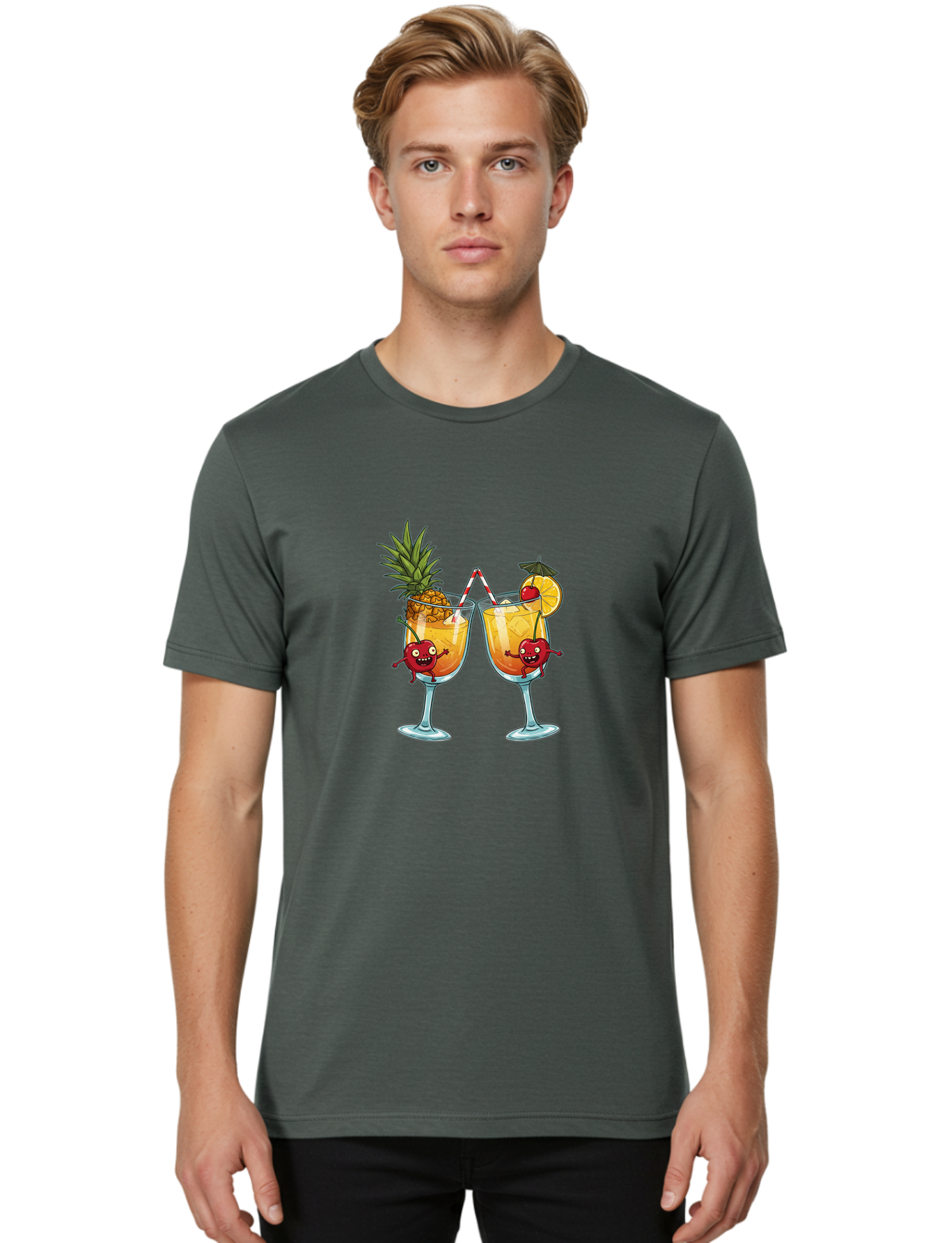 Cartoon-Cocktails Men'S Graphic Tee, 100% Cotton, Comfortable Casual Summer Wear, Machine Washable, Tropical Cocktails, Happy Red Hearts, Cartoon Characters, Pineapple And Orange Garnishes, Striped Straw, Refreshing Drinks, Summertime Vibes, Bac791