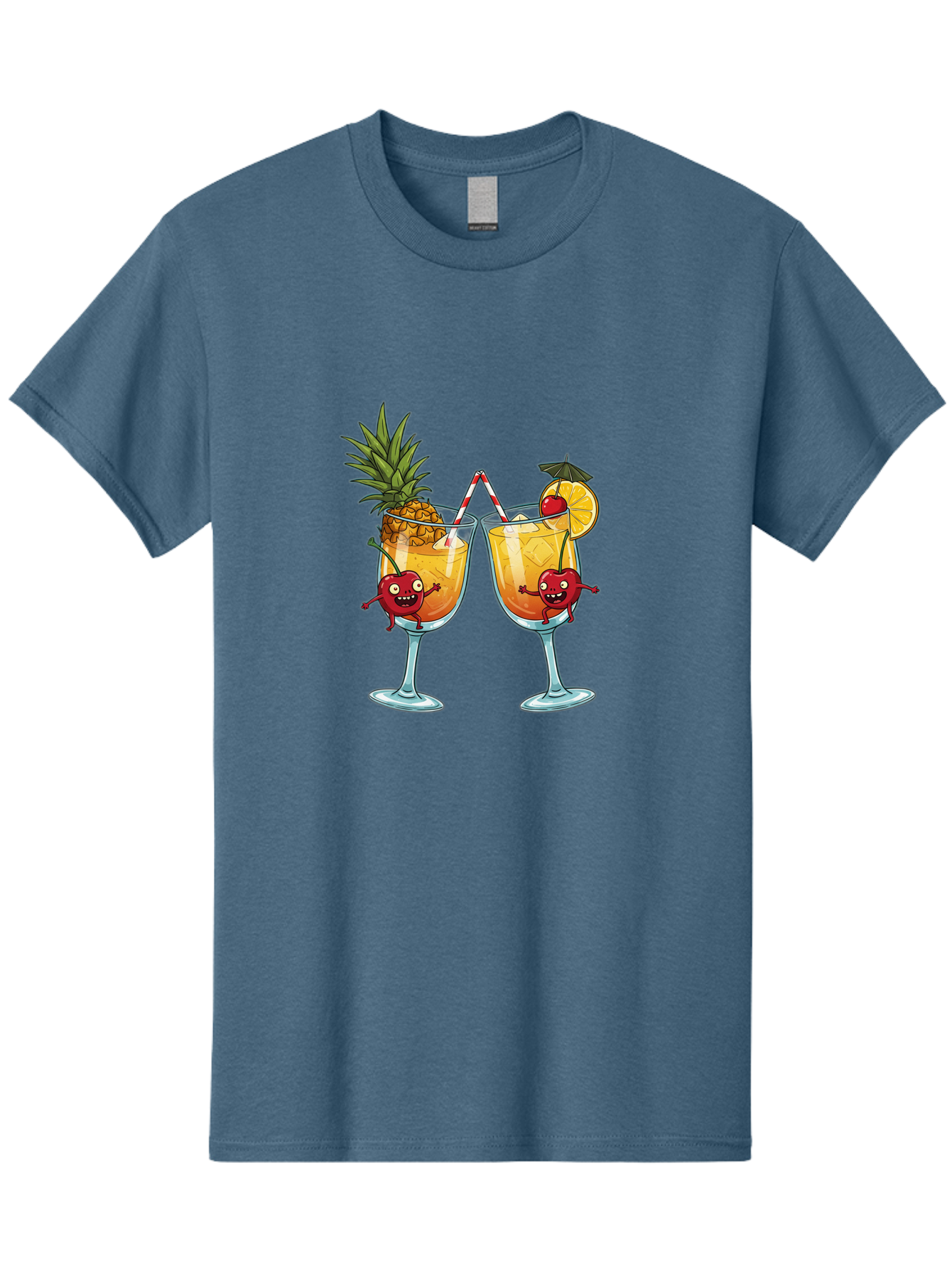 Cartoon-Cocktails Men'S Graphic Tee, 100% Cotton, Comfortable Casual Summer Wear, Machine Washable, Tropical Cocktails, Happy Red Hearts, Cartoon Characters, Pineapple And Orange Garnishes, Striped Straw, Refreshing Drinks, Summertime Vibes, Bac791