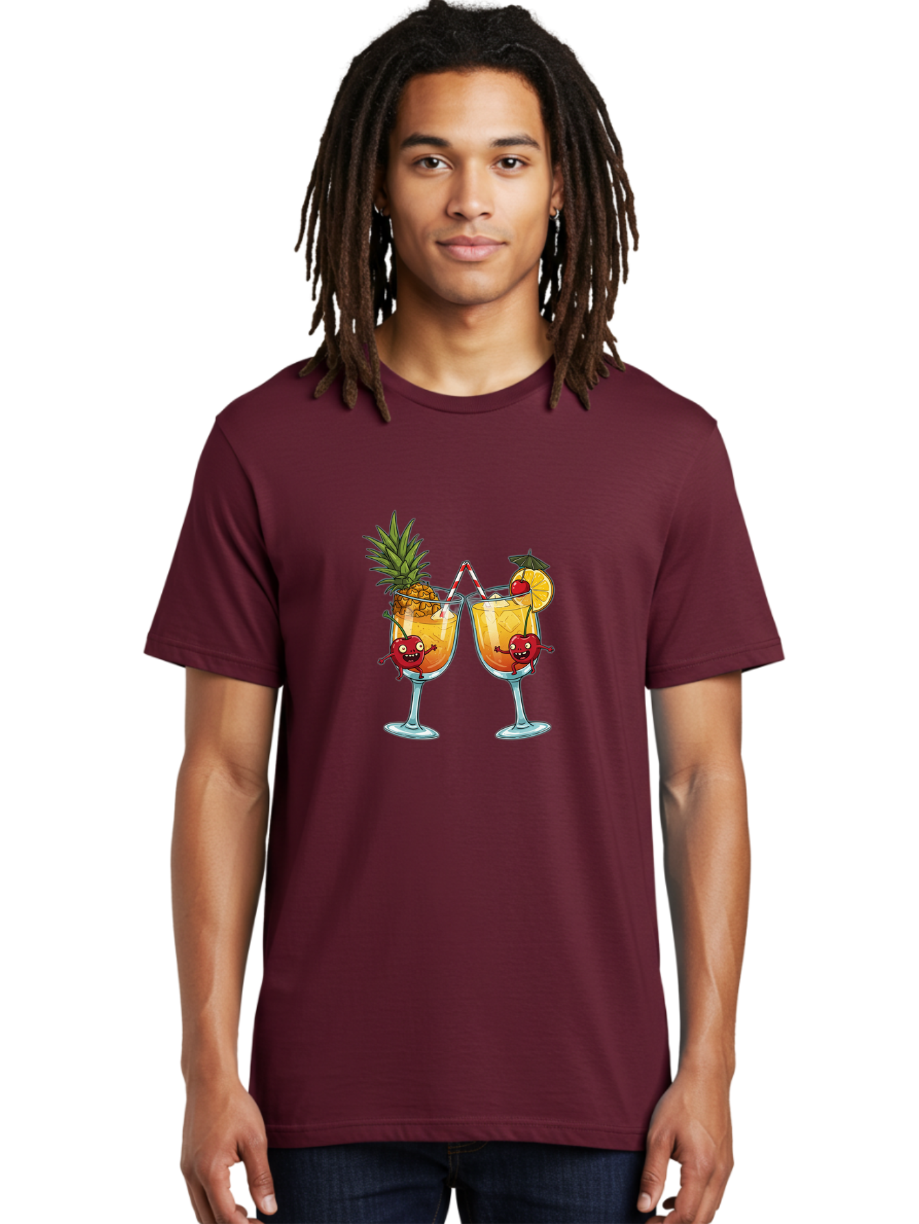 Cartoon-Cocktails Men'S Graphic Tee, 100% Cotton, Comfortable Casual Summer Wear, Machine Washable, Tropical Cocktails, Happy Red Hearts, Cartoon Characters, Pineapple And Orange Garnishes, Striped Straw, Refreshing Drinks, Summertime Vibes, Bac791