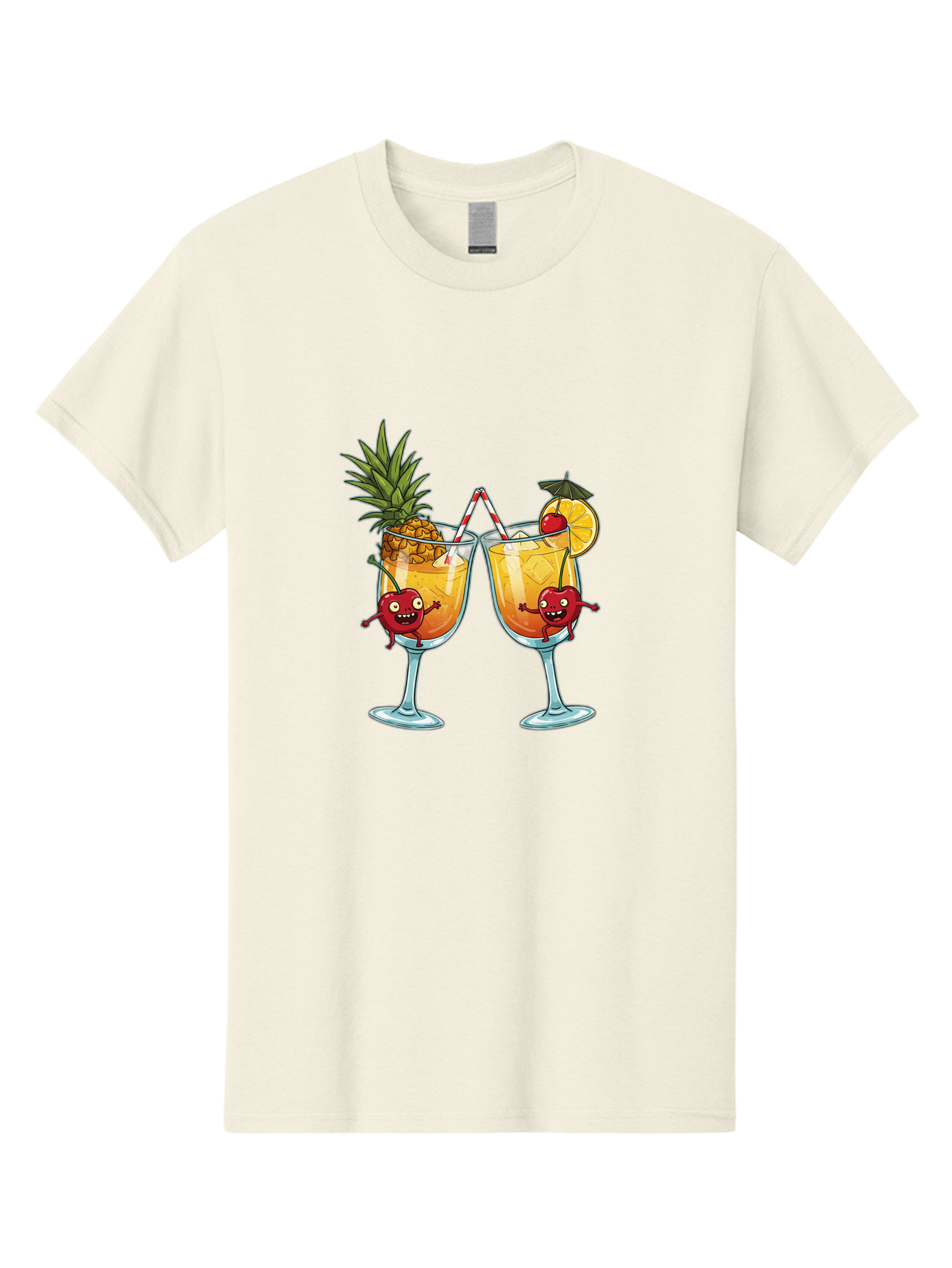 Cartoon-Cocktails Men'S Graphic Tee, 100% Cotton, Comfortable Casual Summer Wear, Machine Washable, Tropical Cocktails, Happy Red Hearts, Cartoon Characters, Pineapple And Orange Garnishes, Striped Straw, Refreshing Drinks, Summertime Vibes, Bac791