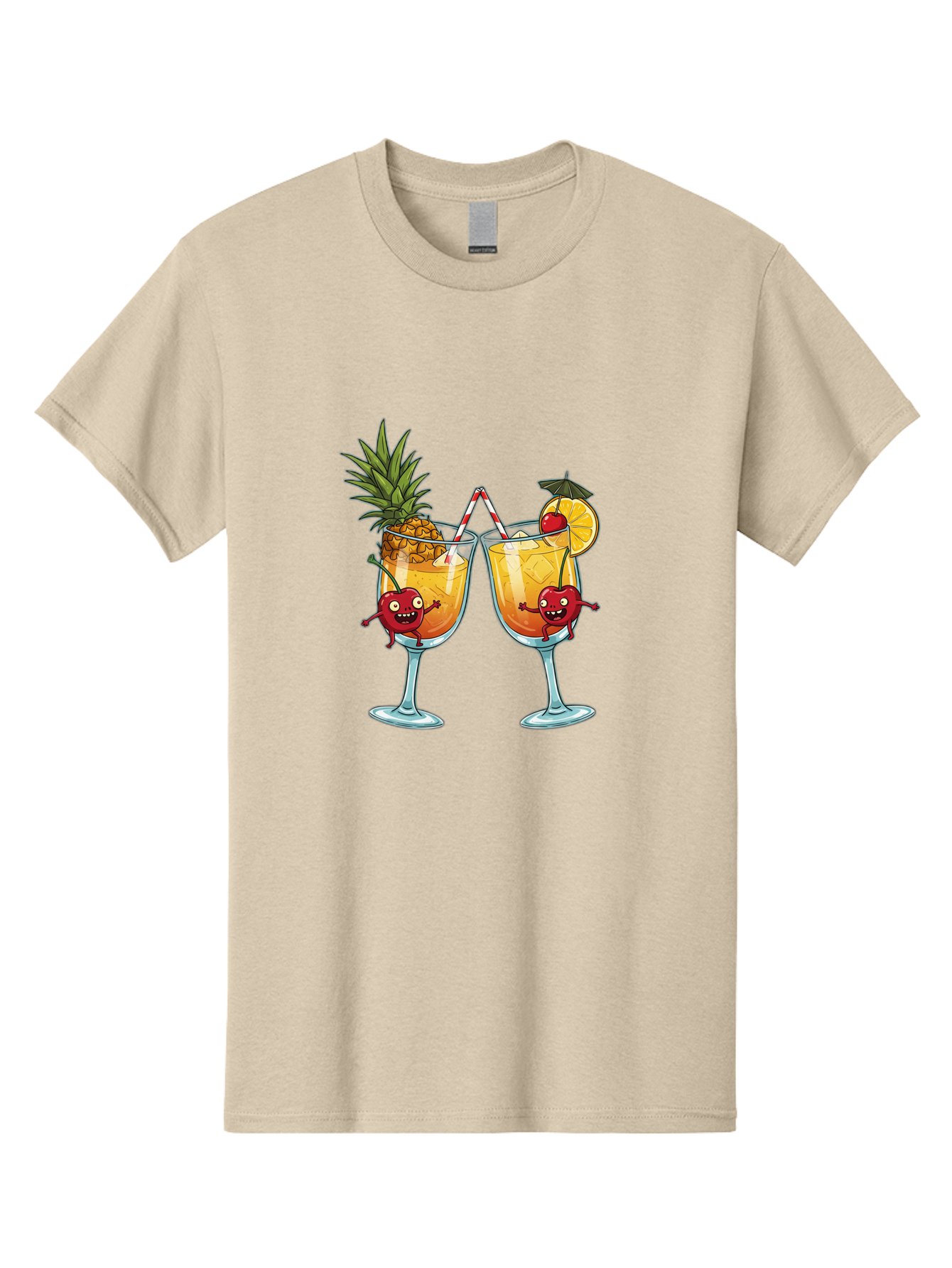 Cartoon-Cocktails Men'S Graphic Tee, 100% Cotton, Comfortable Casual Summer Wear, Machine Washable, Tropical Cocktails, Happy Red Hearts, Cartoon Characters, Pineapple And Orange Garnishes, Striped Straw, Refreshing Drinks, Summertime Vibes, Bac791