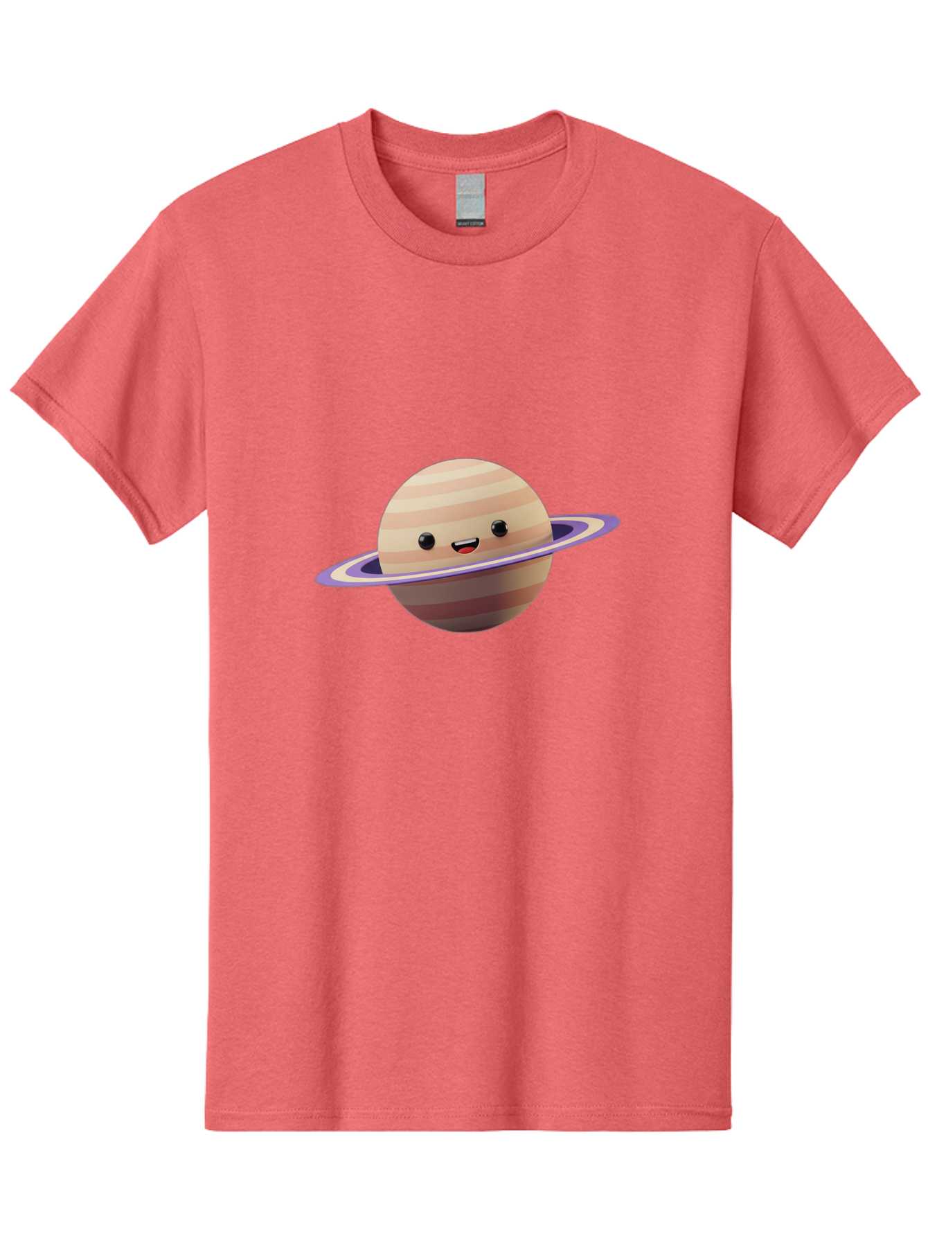 Cartoon-Saturn Men'S Graphic Tee, 100% Cotton, Comfortable Casual Summer Wear, Machine Washable, Cartoon Planet, Smiling Face, Saturn-Like Planet, Cute Illustration, Galaxy Character, Purple Ring, Beige And Brown Stripes, Funny Expression, Bac793