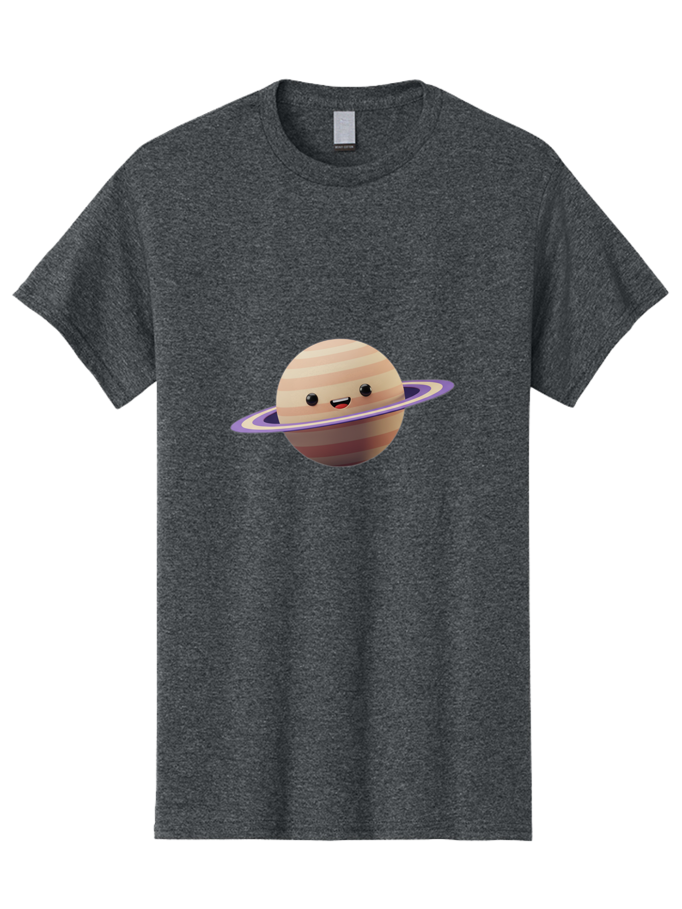 Cartoon-Saturn Men'S Graphic Tee, 100% Cotton, Comfortable Casual Summer Wear, Machine Washable, Cartoon Planet, Smiling Face, Saturn-Like Planet, Cute Illustration, Galaxy Character, Purple Ring, Beige And Brown Stripes, Funny Expression, Bac793