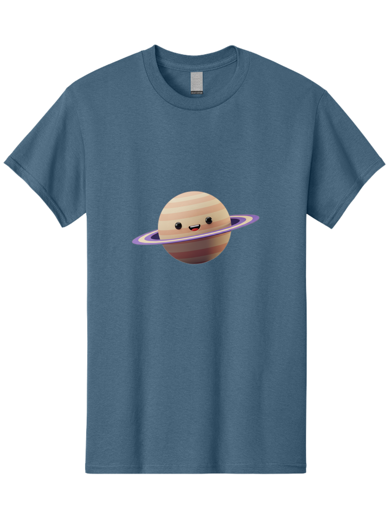 Cartoon-Saturn Men'S Graphic Tee, 100% Cotton, Comfortable Casual Summer Wear, Machine Washable, Cartoon Planet, Smiling Face, Saturn-Like Planet, Cute Illustration, Galaxy Character, Purple Ring, Beige And Brown Stripes, Funny Expression, Bac793