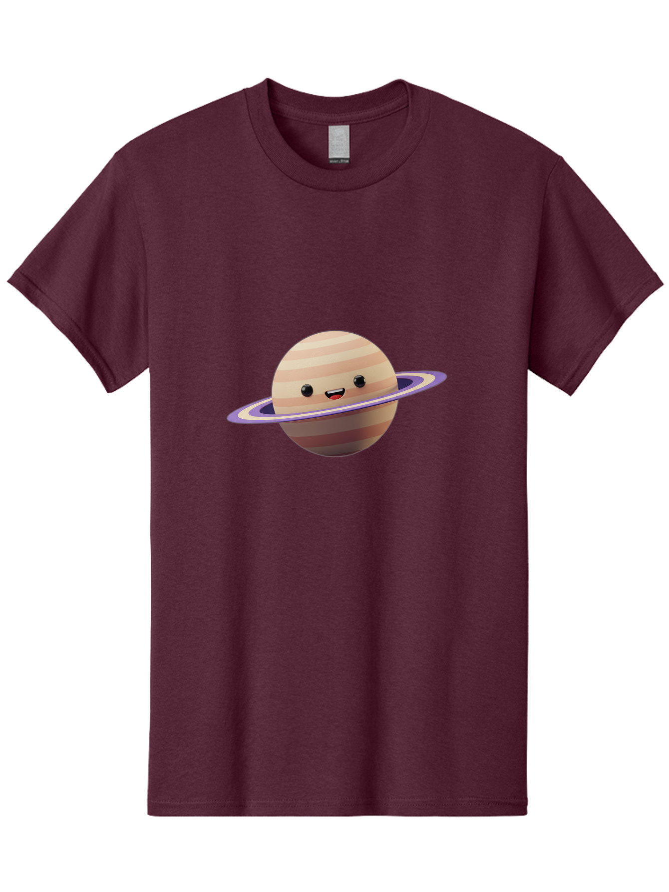 Cartoon-Saturn Men'S Graphic Tee, 100% Cotton, Comfortable Casual Summer Wear, Machine Washable, Cartoon Planet, Smiling Face, Saturn-Like Planet, Cute Illustration, Galaxy Character, Purple Ring, Beige And Brown Stripes, Funny Expression, Bac793