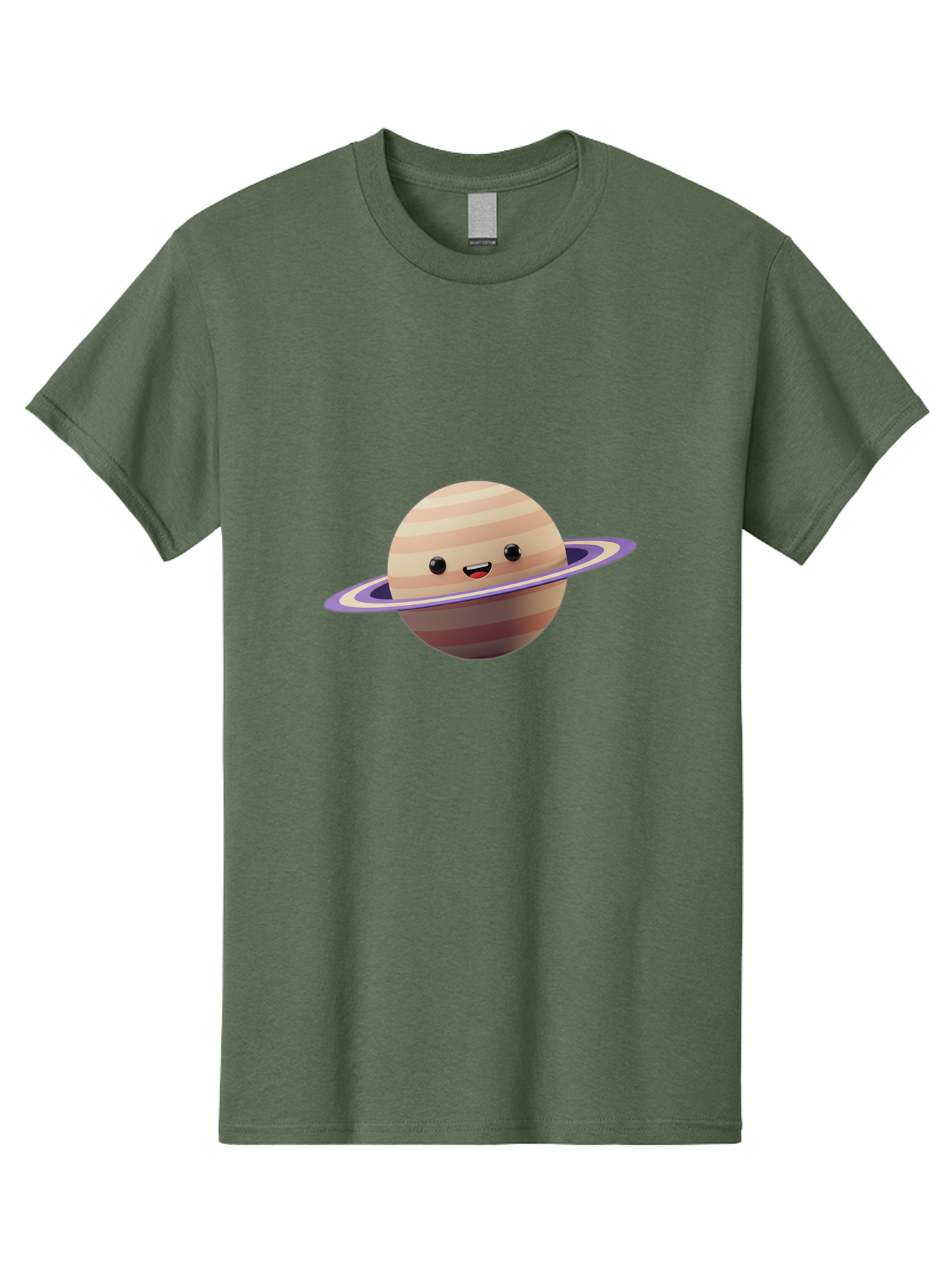 Cartoon-Saturn Men'S Graphic Tee, 100% Cotton, Comfortable Casual Summer Wear, Machine Washable, Cartoon Planet, Smiling Face, Saturn-Like Planet, Cute Illustration, Galaxy Character, Purple Ring, Beige And Brown Stripes, Funny Expression, Bac793
