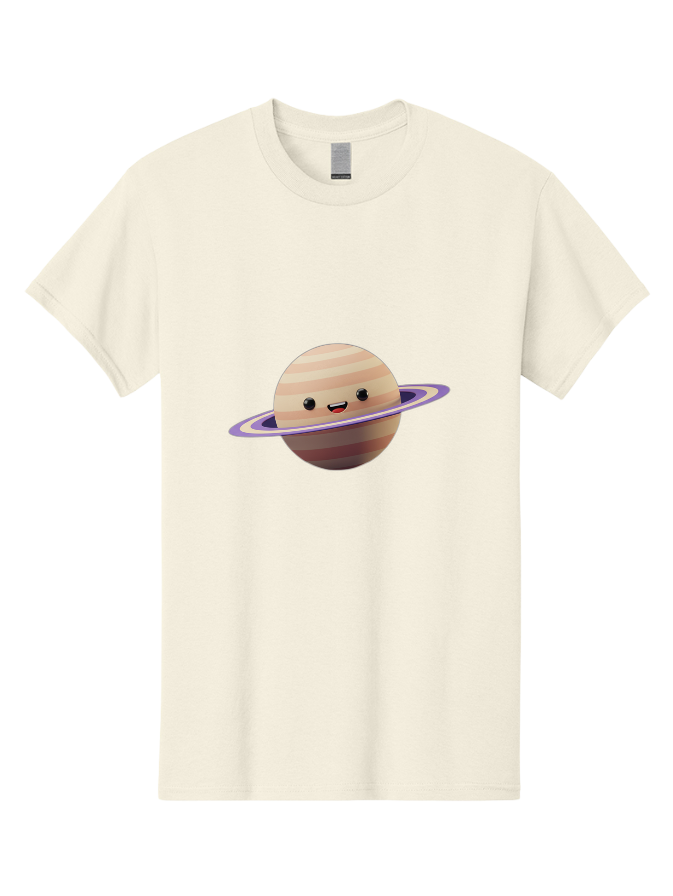 Cartoon-Saturn Men'S Graphic Tee, 100% Cotton, Comfortable Casual Summer Wear, Machine Washable, Cartoon Planet, Smiling Face, Saturn-Like Planet, Cute Illustration, Galaxy Character, Purple Ring, Beige And Brown Stripes, Funny Expression, Bac793