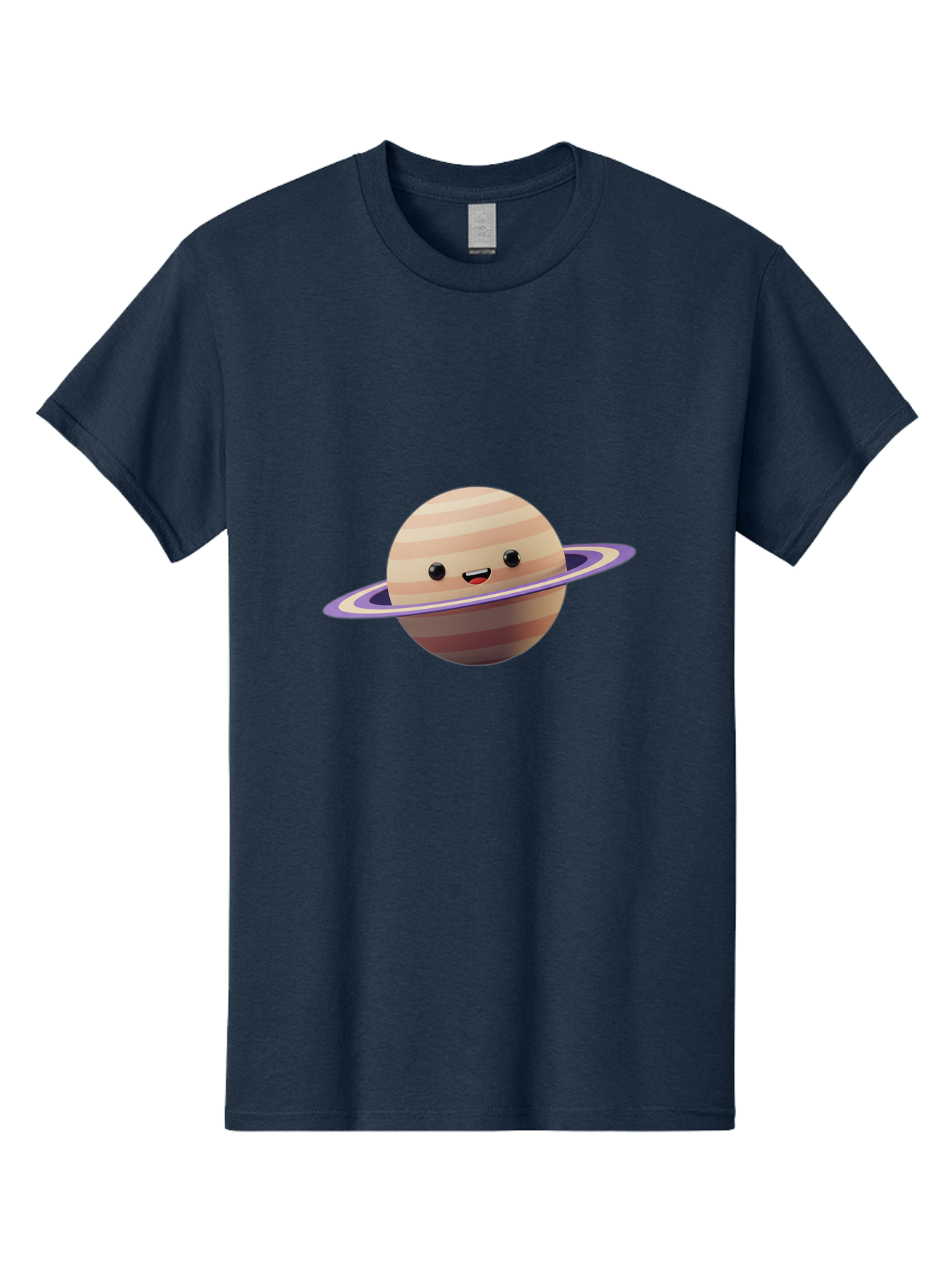 Cartoon-Saturn Men'S Graphic Tee, 100% Cotton, Comfortable Casual Summer Wear, Machine Washable, Cartoon Planet, Smiling Face, Saturn-Like Planet, Cute Illustration, Galaxy Character, Purple Ring, Beige And Brown Stripes, Funny Expression, Bac793