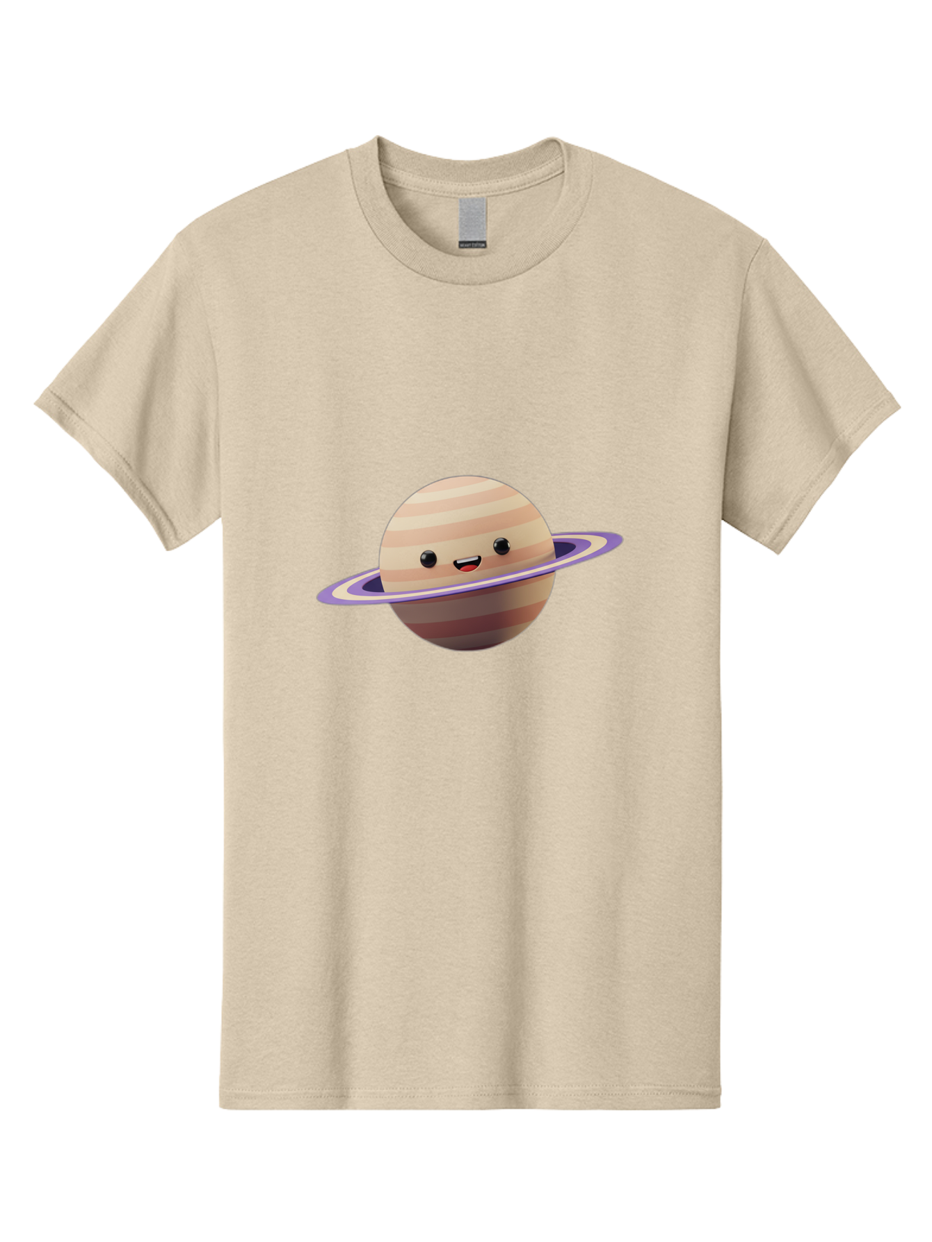 Cartoon-Saturn Men'S Graphic Tee, 100% Cotton, Comfortable Casual Summer Wear, Machine Washable, Cartoon Planet, Smiling Face, Saturn-Like Planet, Cute Illustration, Galaxy Character, Purple Ring, Beige And Brown Stripes, Funny Expression, Bac793