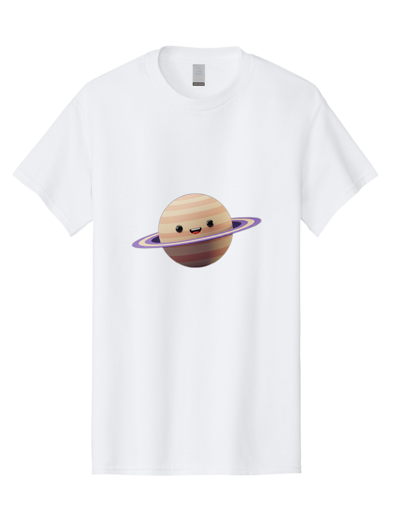 Cartoon-Saturn Men'S Graphic Tee, 100% Cotton, Comfortable Casual Summer Wear, Machine Washable, Cartoon Planet, Smiling Face, Saturn-Like Planet, Cute Illustration, Galaxy Character, Purple Ring, Beige And Brown Stripes, Funny Expression, Bac793