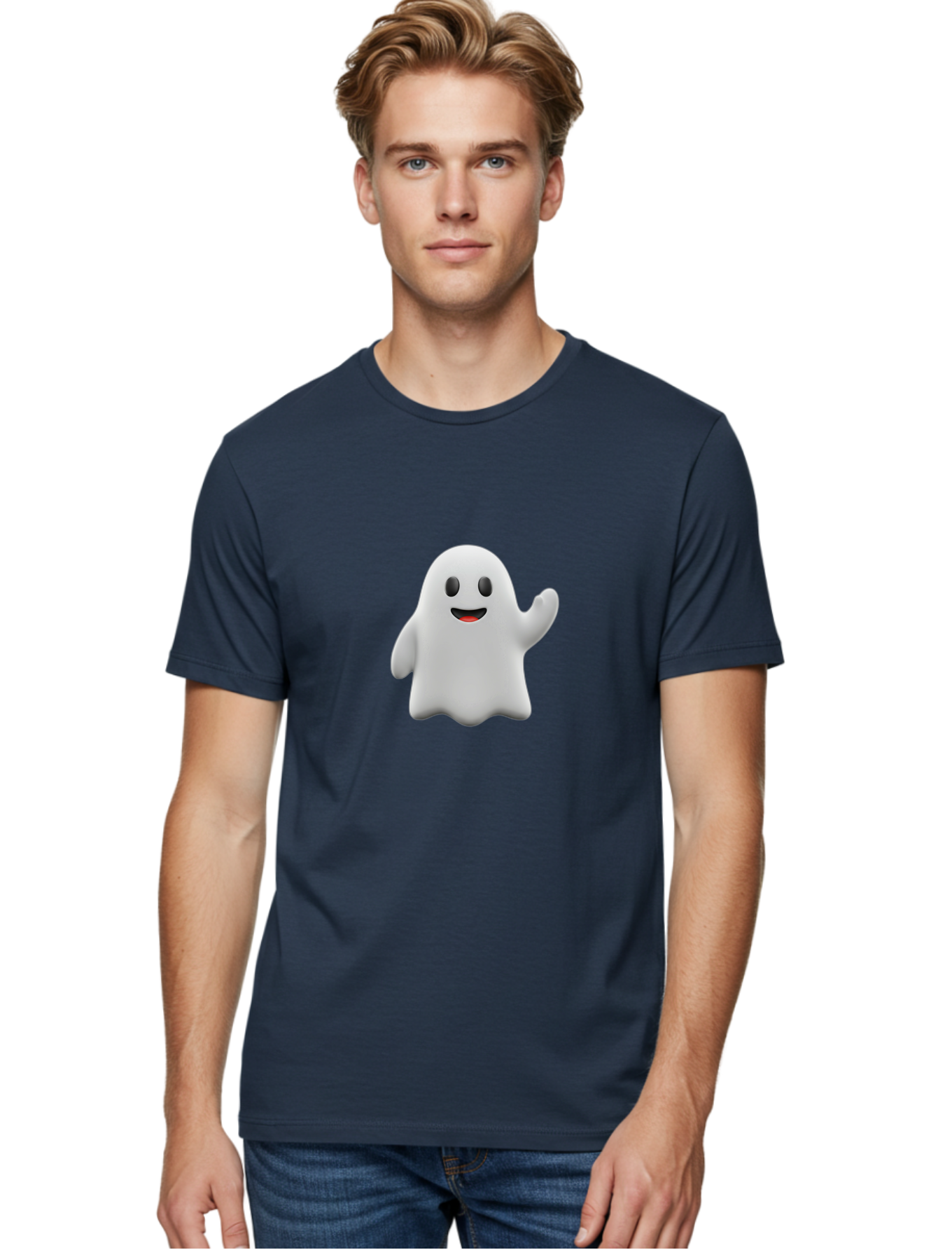 Casper-Ghost Men'S Graphic Tee, 100% Cotton, Comfortable Casual Summer Wear, Machine Washable, Smiling Ghost, Friendly Ghost, Cartoon Character, Happy Face, Waving Gesture, Halloween Spirit, Spooky Friendly, Digital Illustration, 3D Rendering Bac794