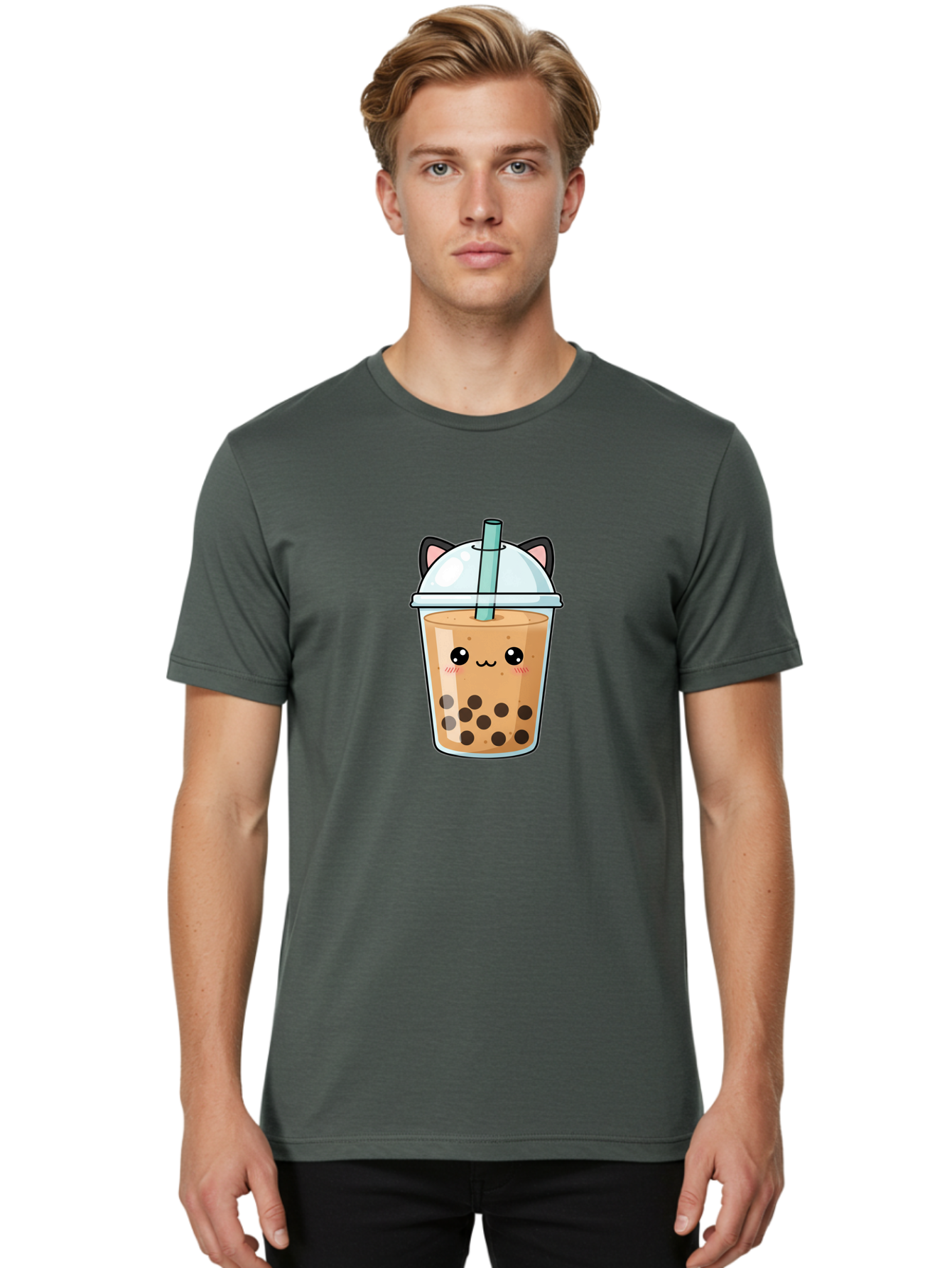 Cat-Bubble-Tea-1 Men'S Graphic Tee, 100% Cotton, Comfortable Casual Summer Wear, Machine Washable, Boba Tea, Cartoon Cat, Cute Drink, Bubble Tea, Adorable Character, Kawaii Culture, Tea Time, Fun Illustration, Milk Tea, Sweet Treat, Cat Ears, Bac795