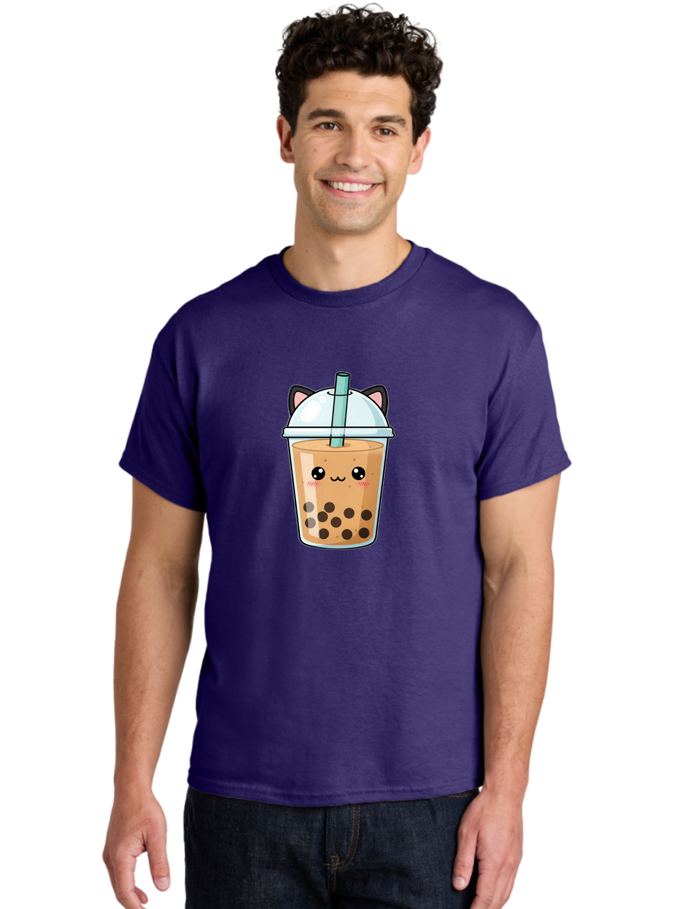 Cat-Bubble-Tea-1 Men'S Graphic Tee, 100% Cotton, Comfortable Casual Summer Wear, Machine Washable, Boba Tea, Cartoon Cat, Cute Drink, Bubble Tea, Adorable Character, Kawaii Culture, Tea Time, Fun Illustration, Milk Tea, Sweet Treat, Cat Ears, Bac795