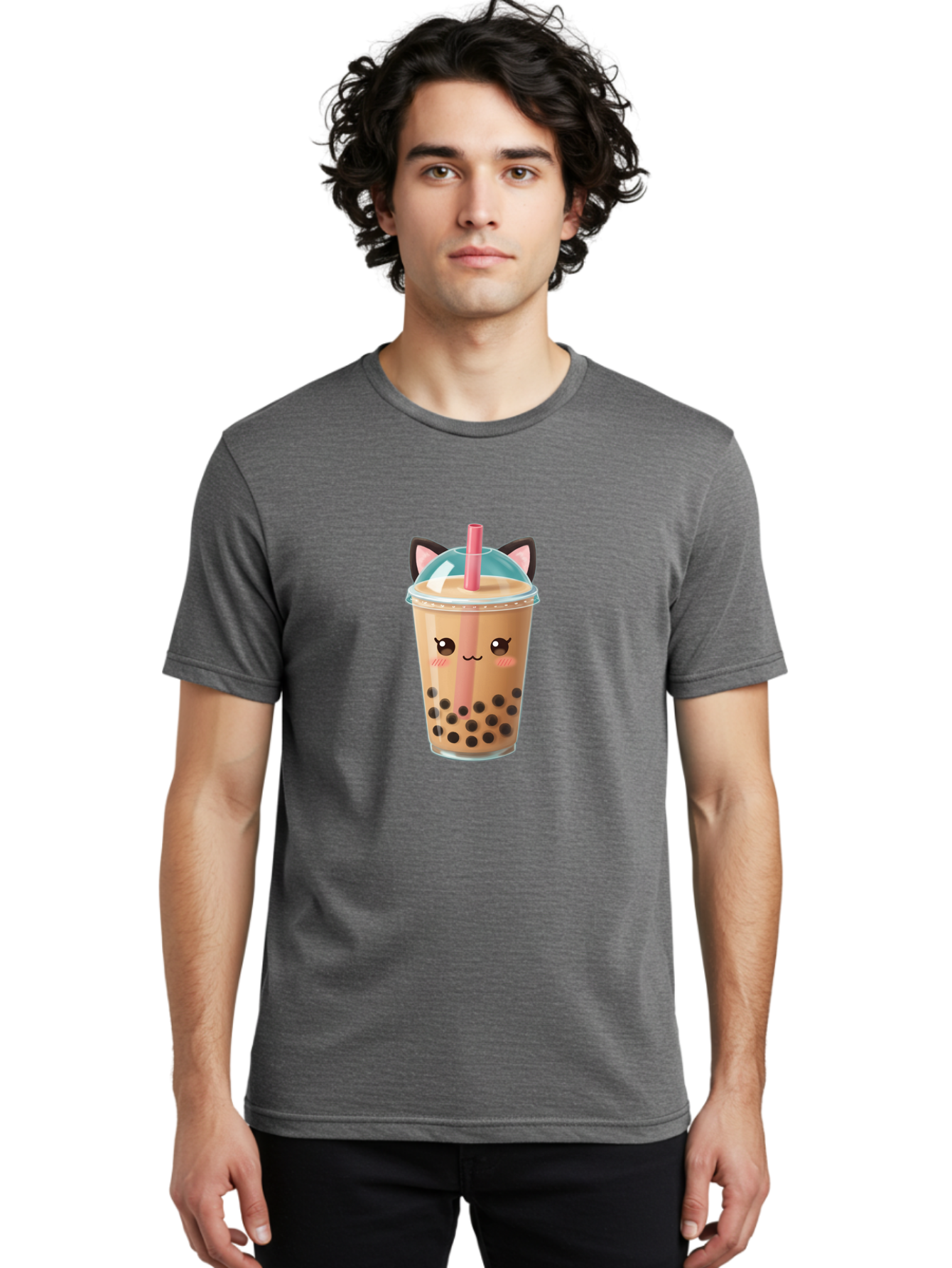 Cat-Bubble-Tea-2 Men'S Graphic Tee, 100% Cotton, Comfortable Casual Summer Wear, Machine Washable, Cute Cat Bubble Tea, Boba Tea With Cat Face, Cartoon Bubble Tea, Kawaii Drink, Adorable Beverage, Cat Ears, Bubble Tea Cup Bac796
